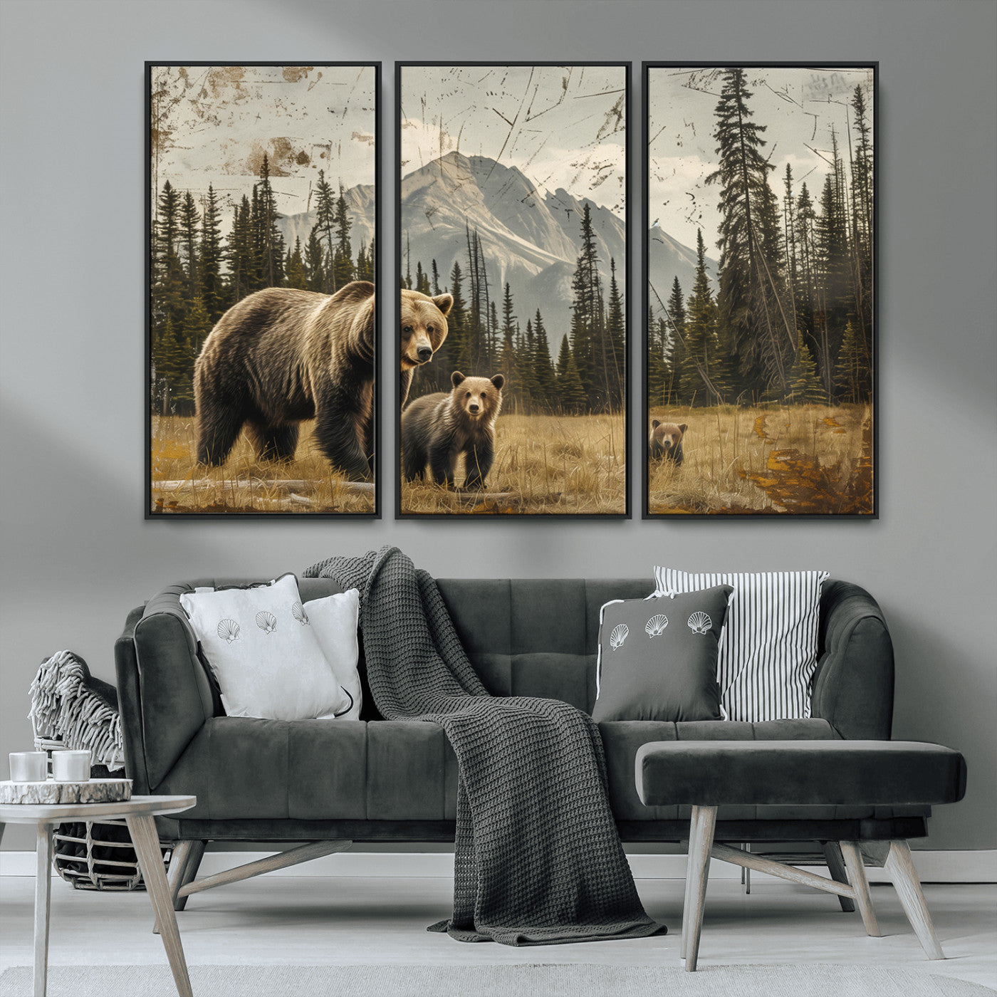 MGV-FC-48X32-3P - Rustic Grizzly 399 Bear Family Wall Art Canvas Print