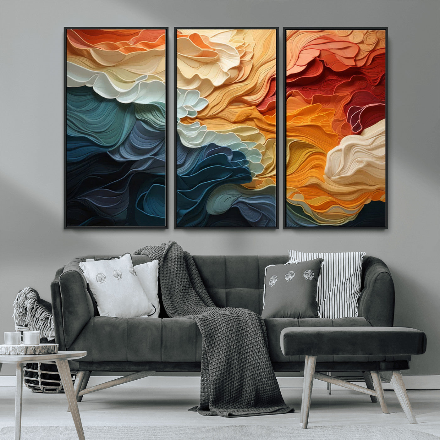 MGV-FC-48X32-3P - Blue Orange Abstract Wave Wall Art Canvas Print, Framed Blue Orange Wave Wall Art