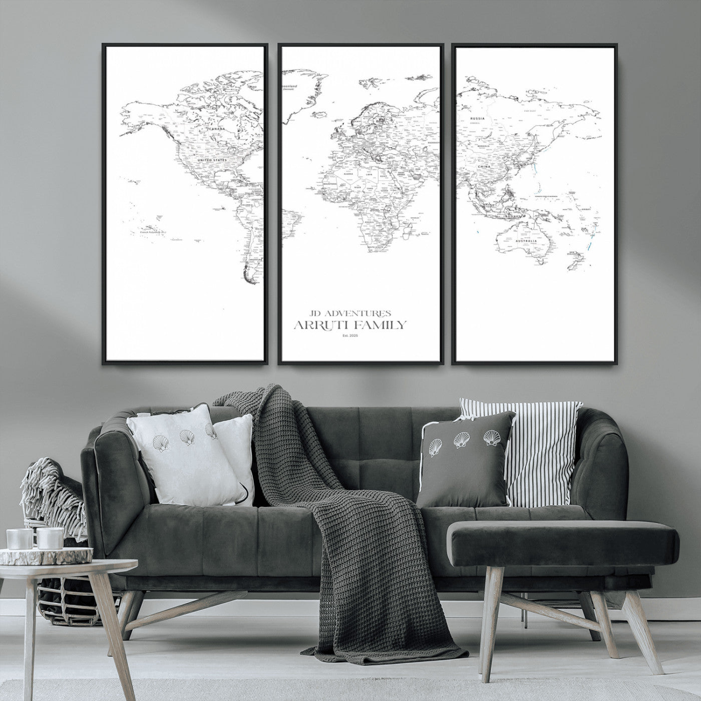 MGV-FC-48X32-3P - Custom World Map Wall Art – Personalized Framed Canvas Print with Push Pins for Travel Tracking,