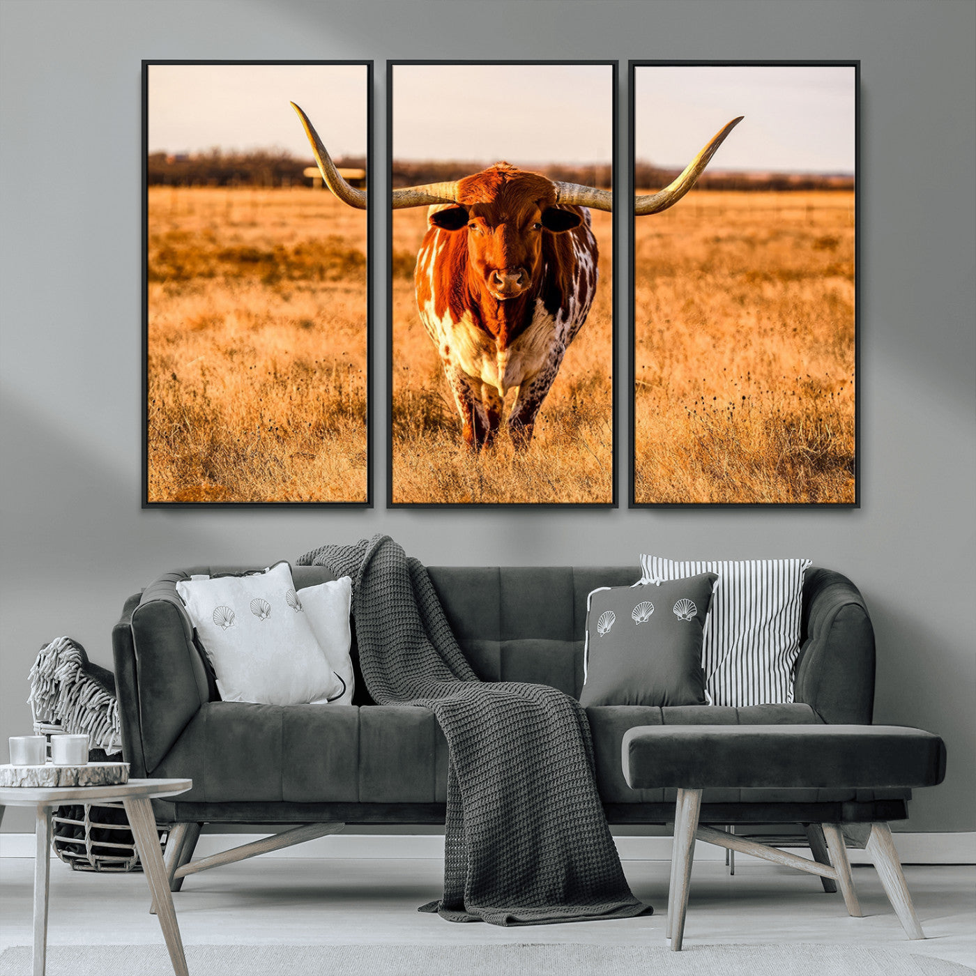 MGV-FC-48X32-3P - Longhorn Cow Wall Art | Ready to Hang Framed Canvas Print for Farmhouse and Barn Decor