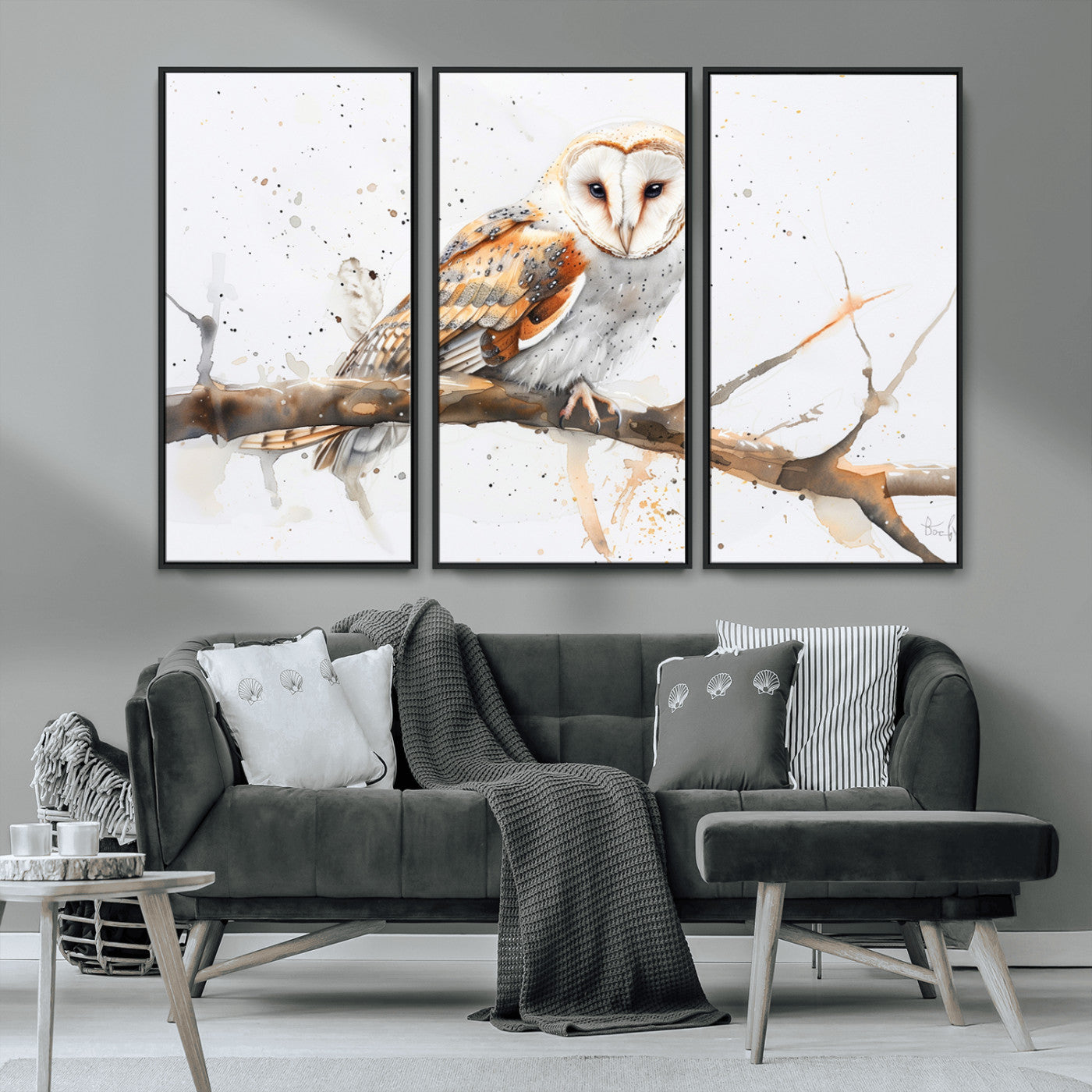 MGV-FC-48X32-3P - Barn Owl Wall Art on Branch | Stunning Canvas Print for Nature Lovers | Ready to Hang and Framed