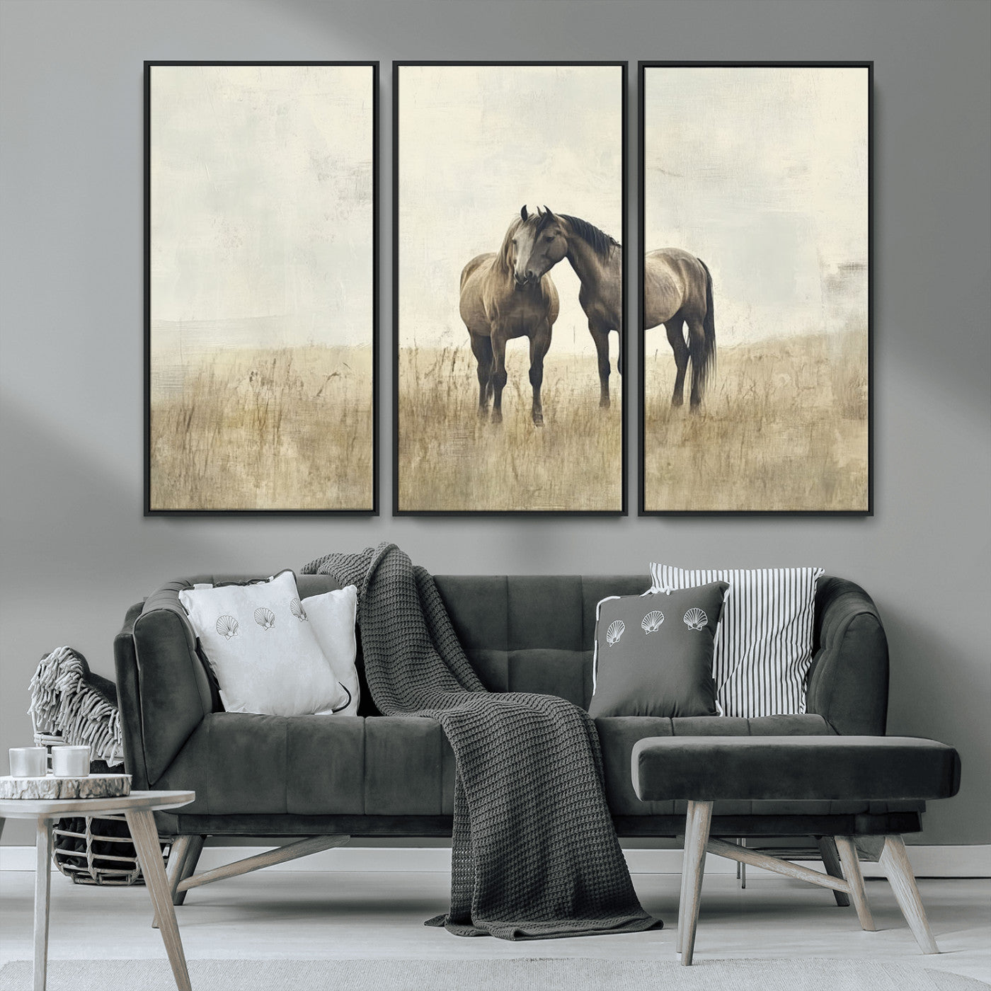 MGV-FC-48X32-3P - Chines Style Grunge Horses Wall Art Canvas Print