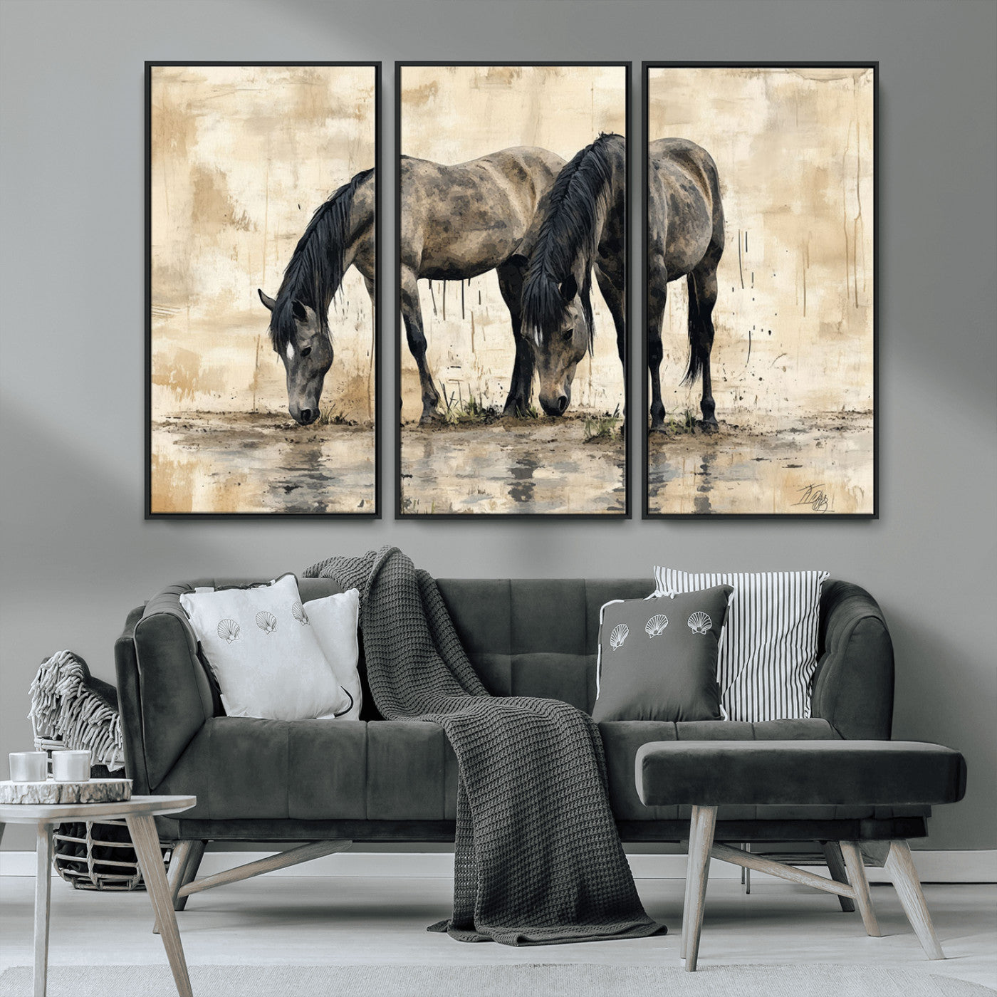 MGV-FC-48X32-3P - Chinese Style Abstract Black Horses Wall Art Canvas Print - Abstract Horse Wall Art Canvas Print