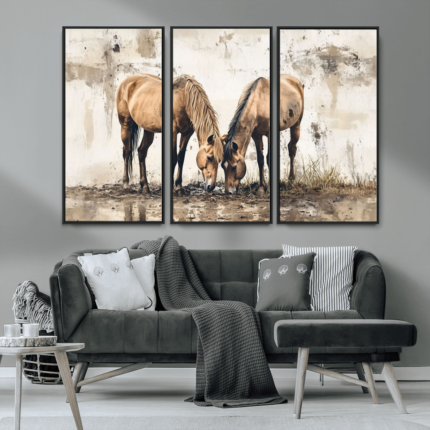 MGV-FC-48X32-3P - Vintage Horses Wall Art | Ready to Hang and Framed Triptych | Western Farmhouse Wall Decor for