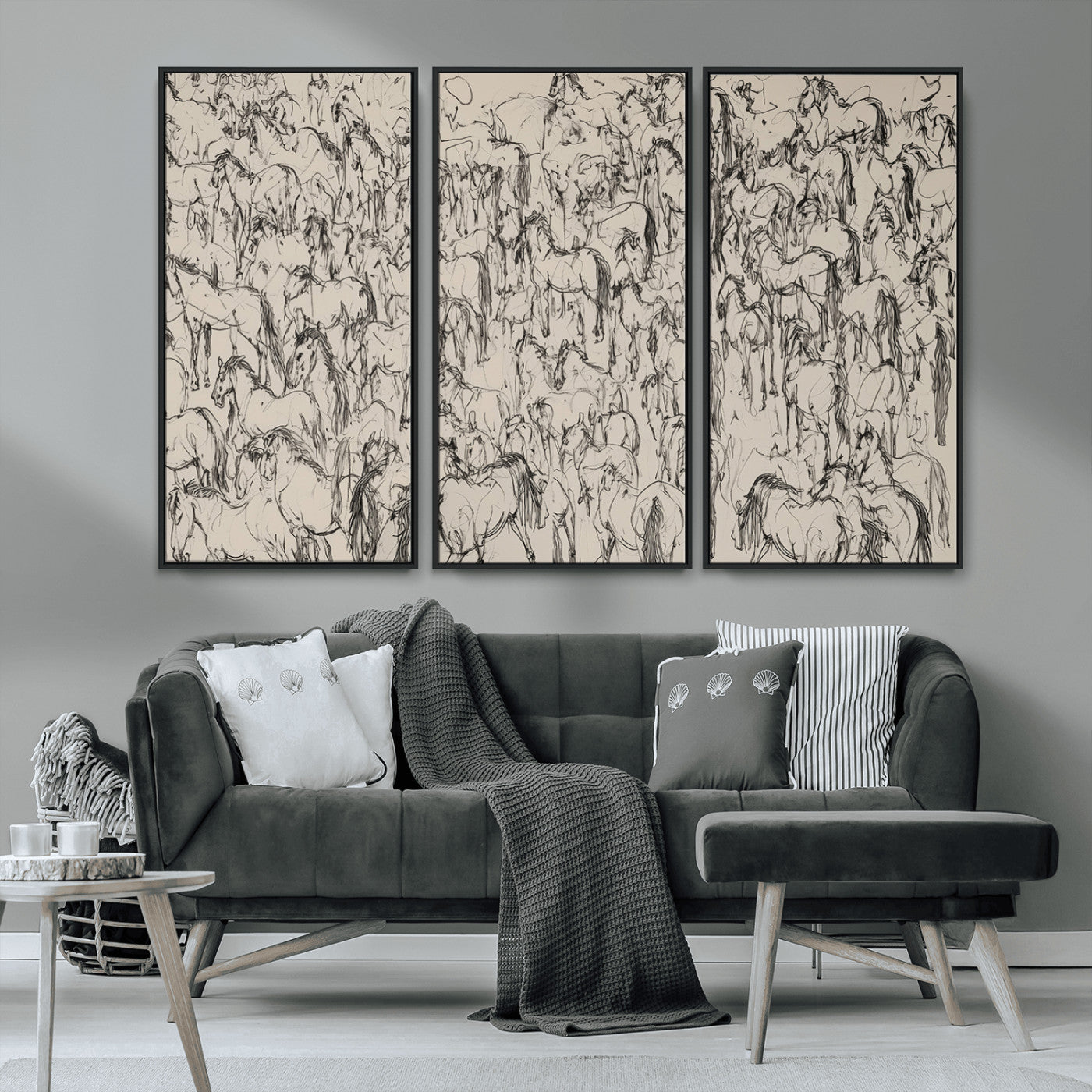 MGV-FC-48X32-3P - Abstract Horse Sketch Wall Art | Ready to Hang and Framed | Farmhouse Wall Decor for Living Room or