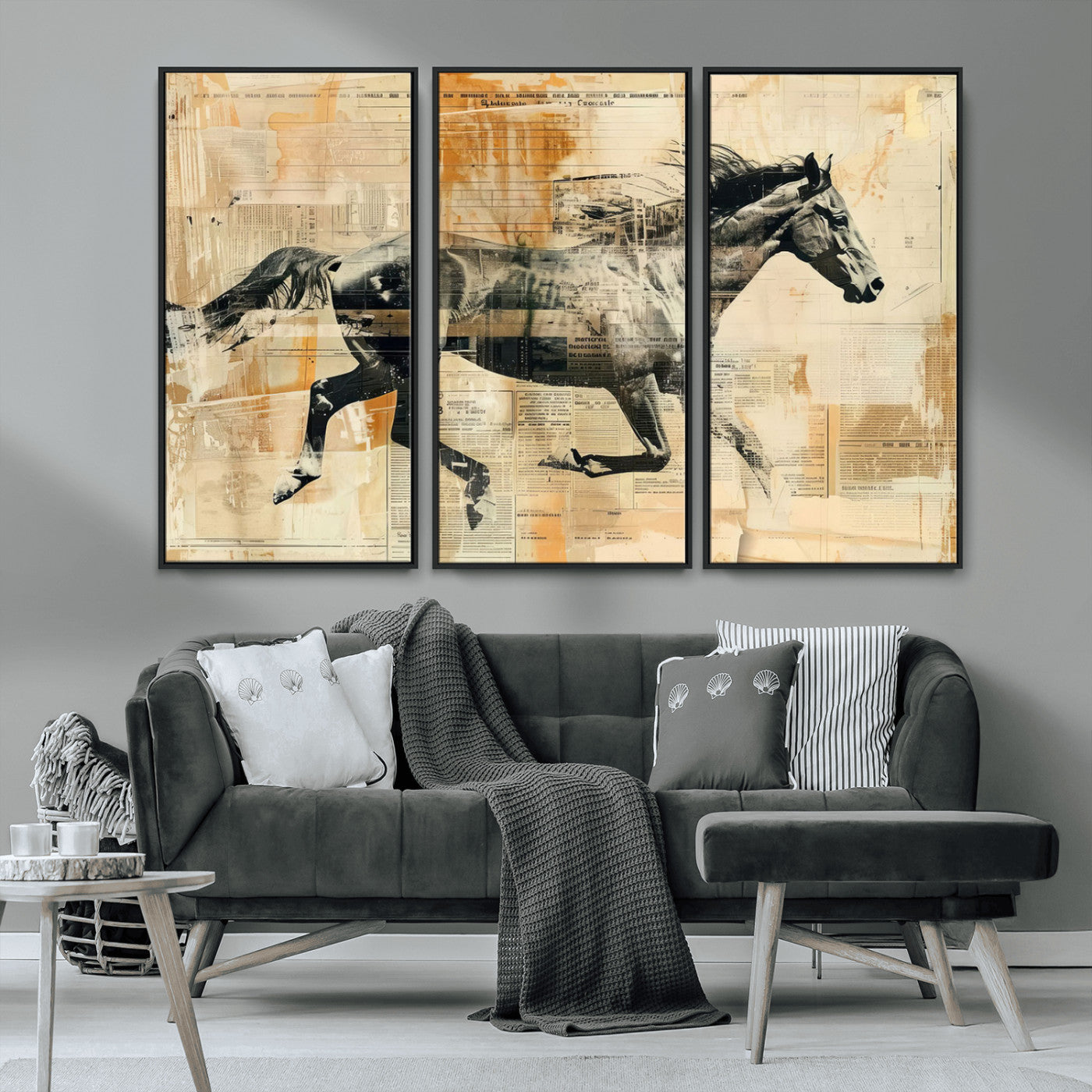 MGV-FC-48X32-3P - Chines Style Running Horse Western Wall Art | Farmhouse Wall Decor | Ready to Hang Framed Canvas