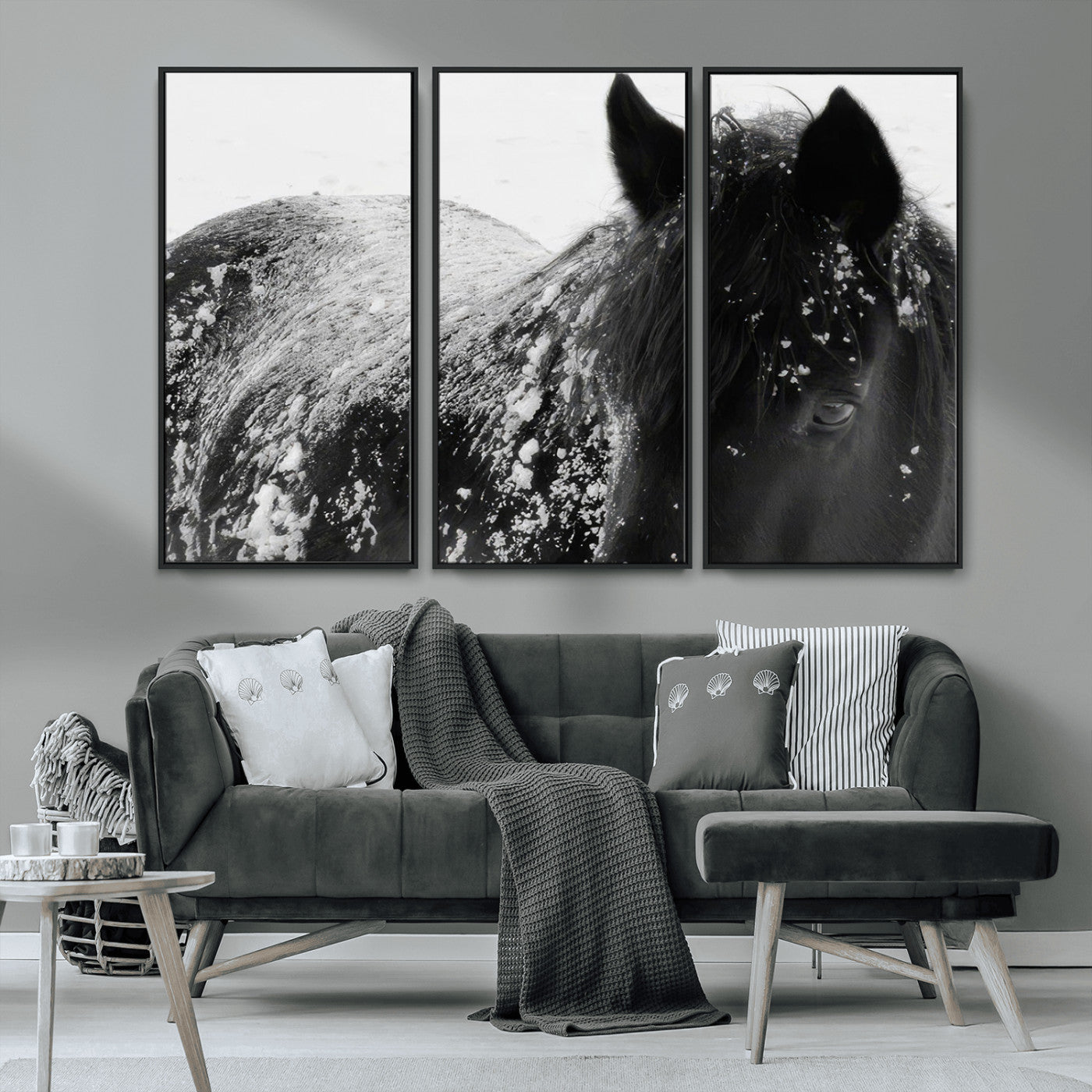 MGV-FC-48X32-3P - Black Horse in Snow Canvas Print | Winter Horse Wall Art | Ready to Hang and Framed | Farmhouse Wall