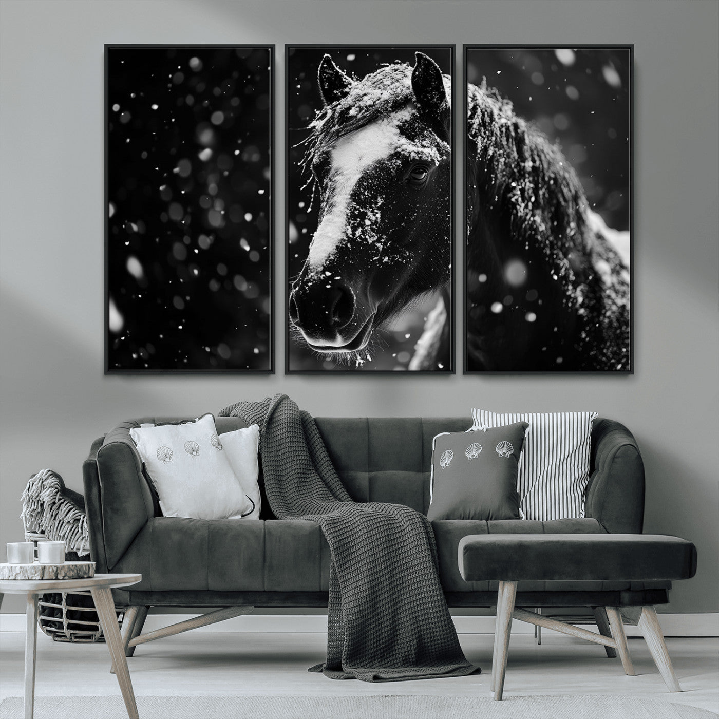 MGV-FC-48X32-3P - Winter Horse Wall Art | Black and White Horse Print | Ready to Hang and Framed | Farmhouse Wall Art