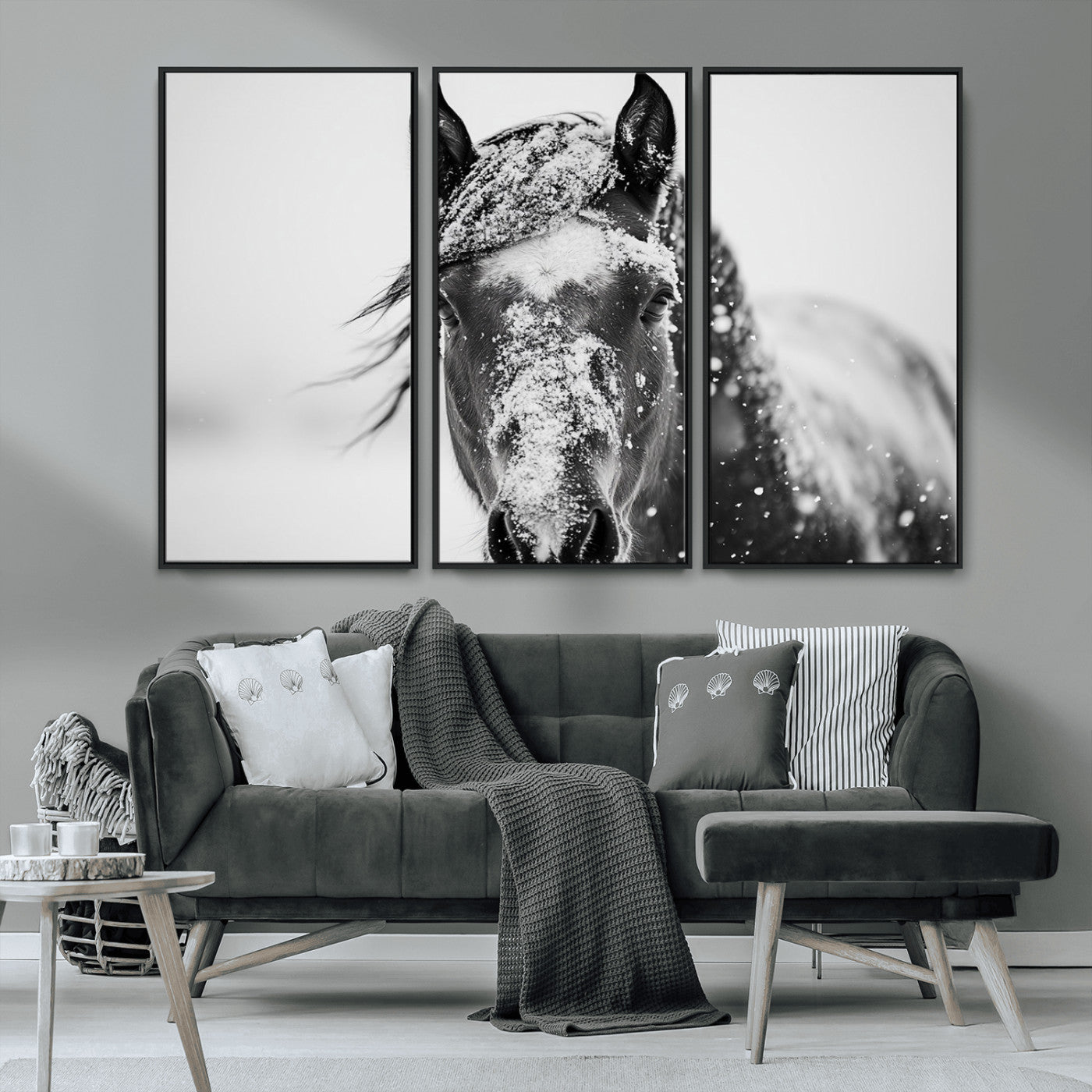 MGV-FC-48X32-3P - Western Wall Art | Black and White Winter Horse Wall Art | Ready to Hang and Framed | Farmhouse and