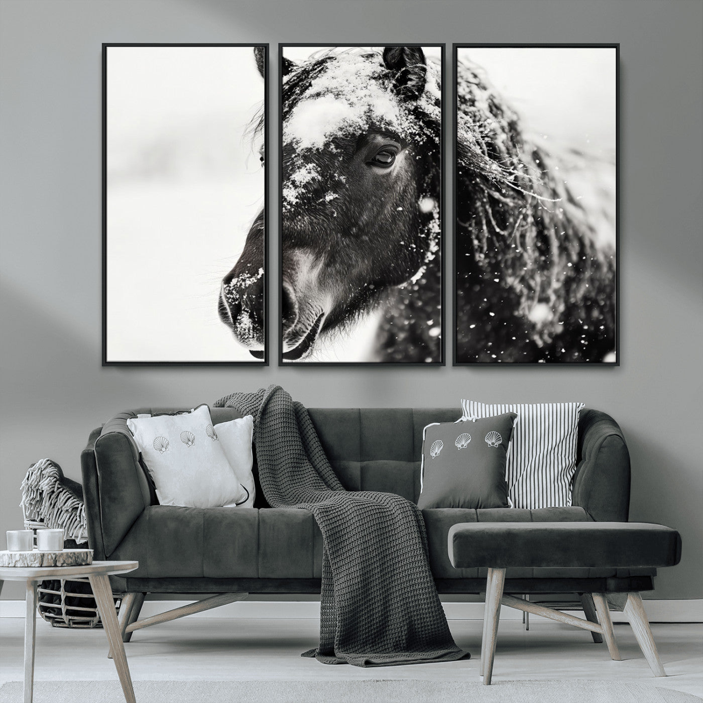 MGV-FC-48X32-3P - Framed Black and White Horse Wall Art | Ready to Hang and Framed | Farmhouse and Western Wall Decor