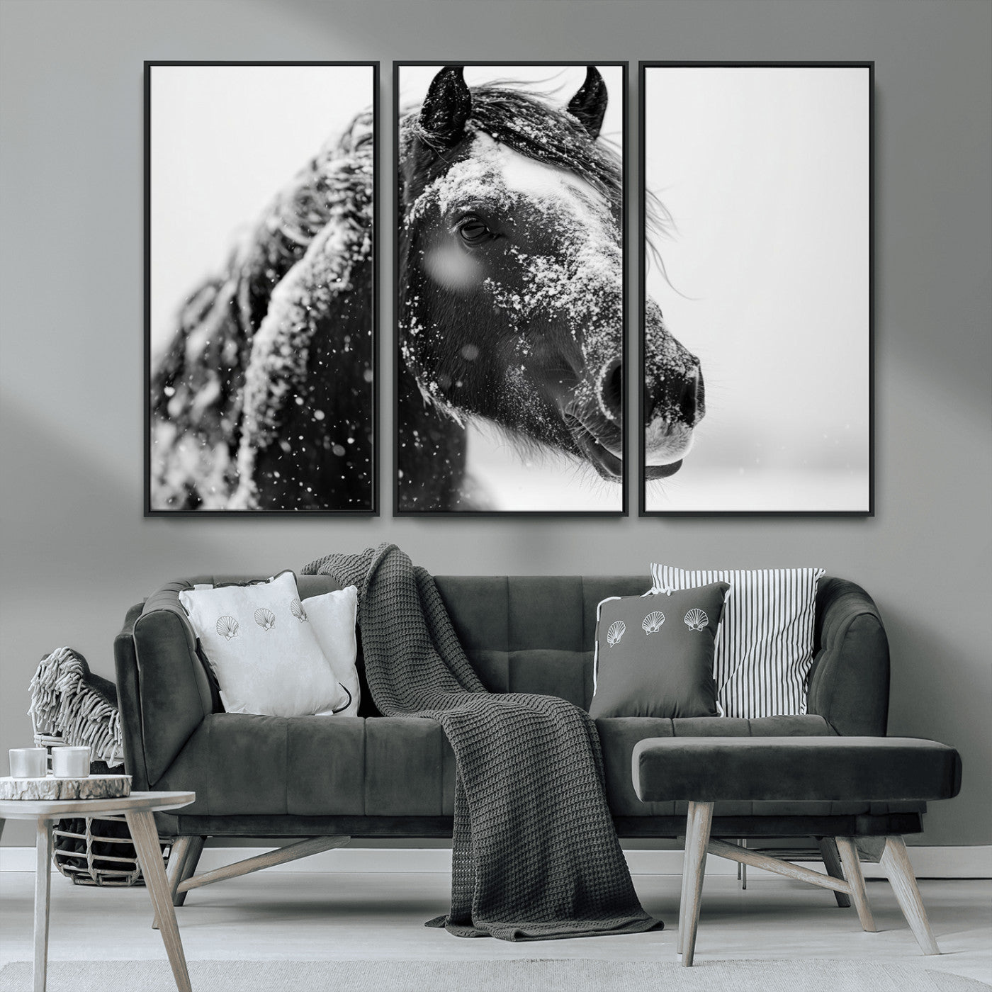 MGV-FC-48X32-3P - Winter Horse Canvas Print | Large 3-Panel Black White Equine Photography for Rustic Farmhouse Wall