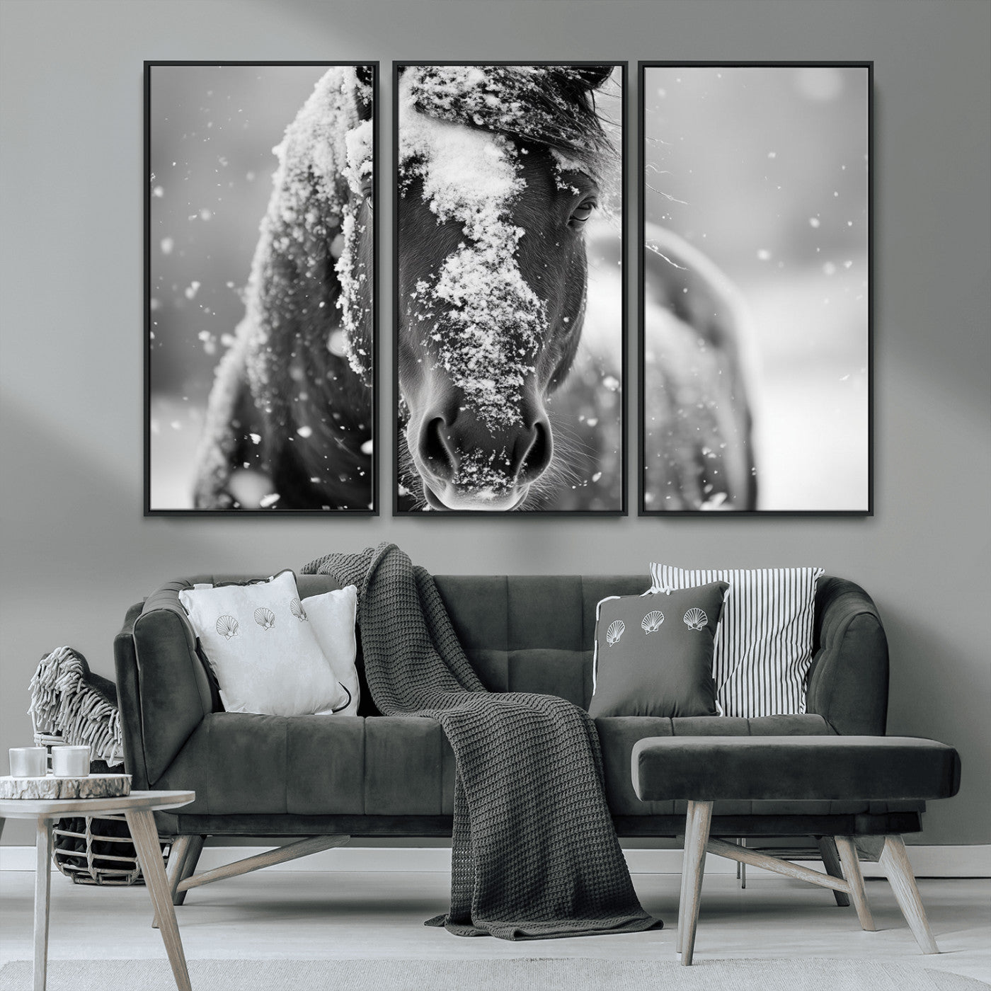 MGV-FC-48X32-3P - Black and White Horse Winter Wall Art | Ready to Hang and Framed | Farmhouse Wall Decor | Western