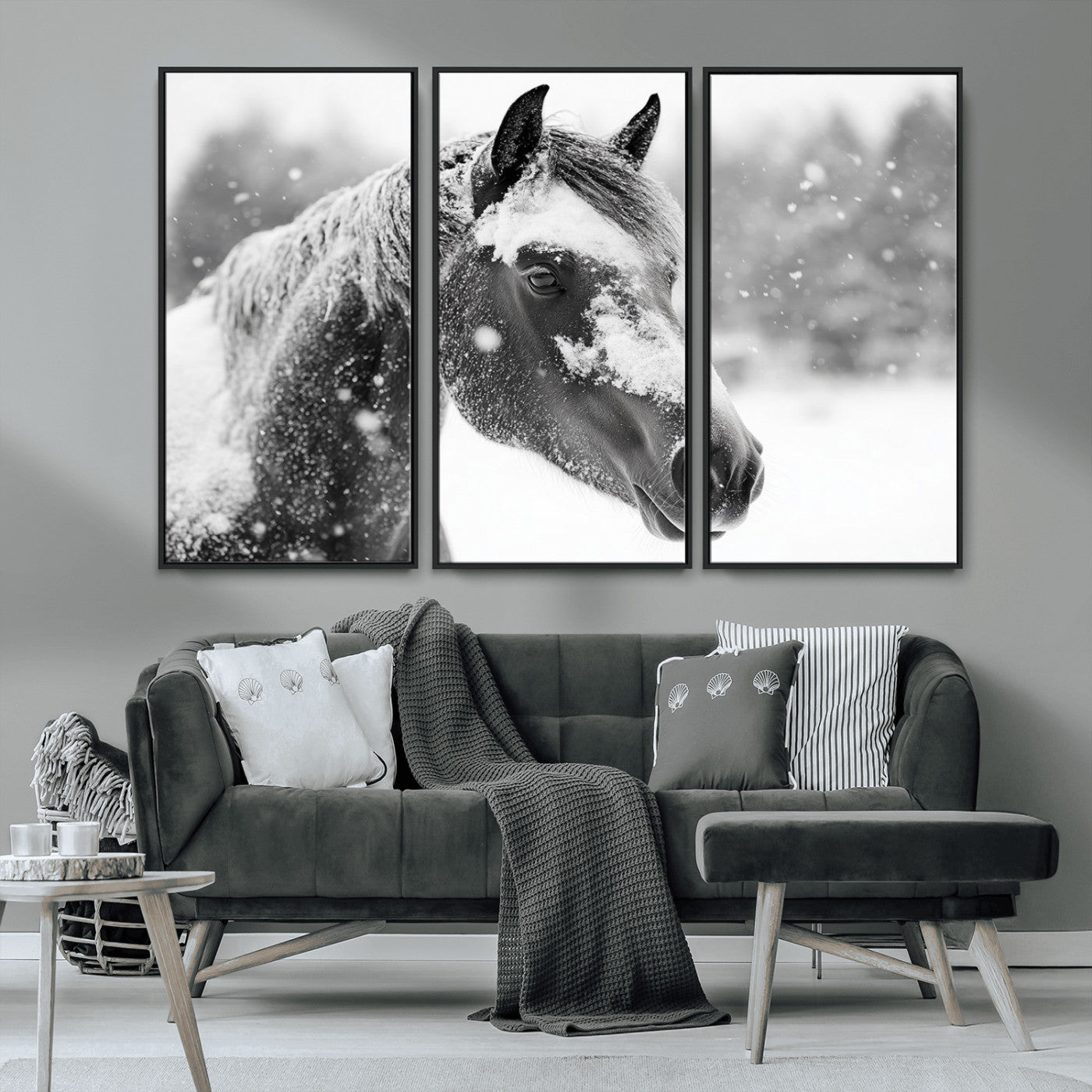 MGV-FC-48X32-3P - Black Horse Winter Wall Art | Ready to Hang and Framed | Farmhouse and Western Wall Decor for Living