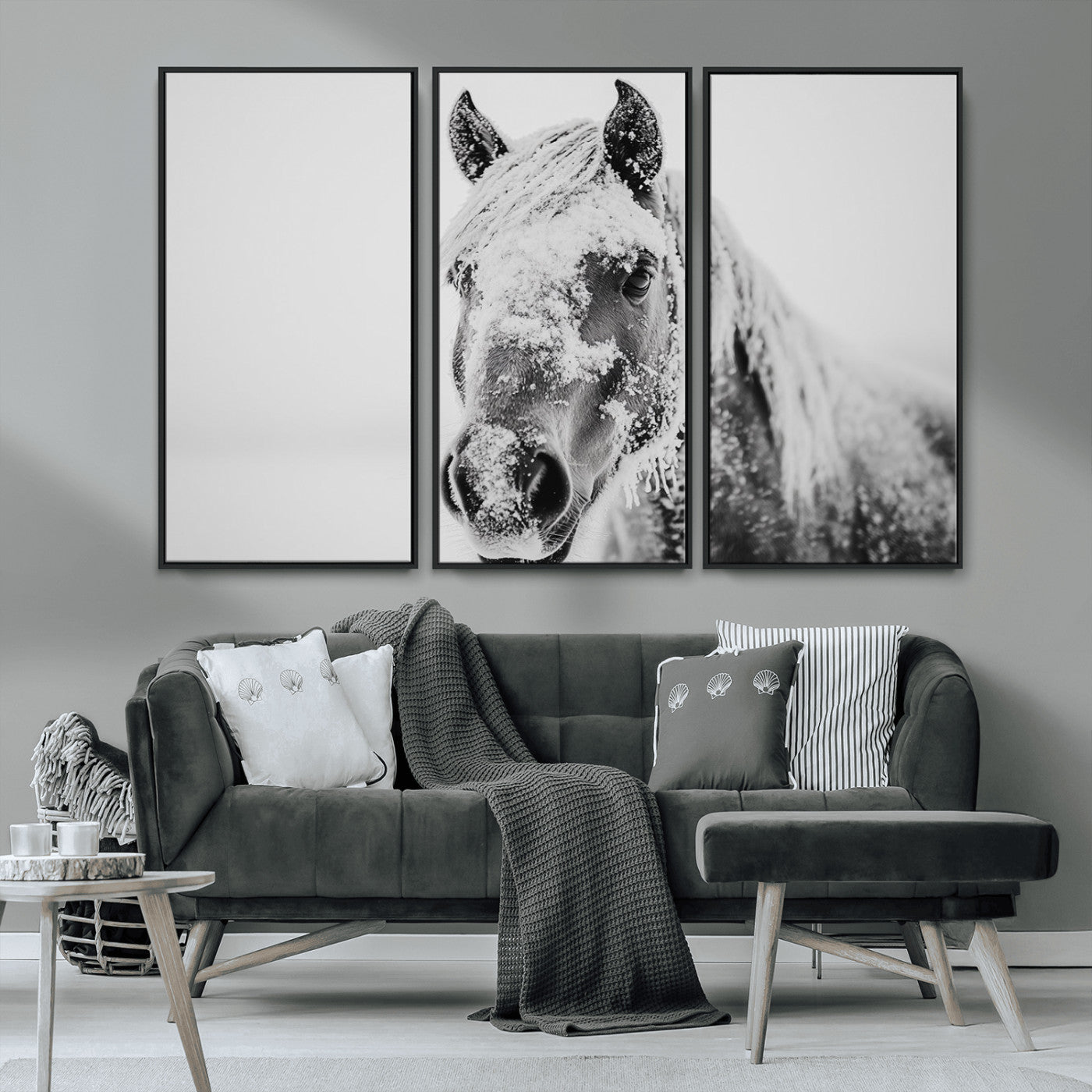MGV-FC-48X32-3P - White Horse Wall Art | Ready to Hang and Framed | Winter Horse Wall Art Print for Farmhouse and