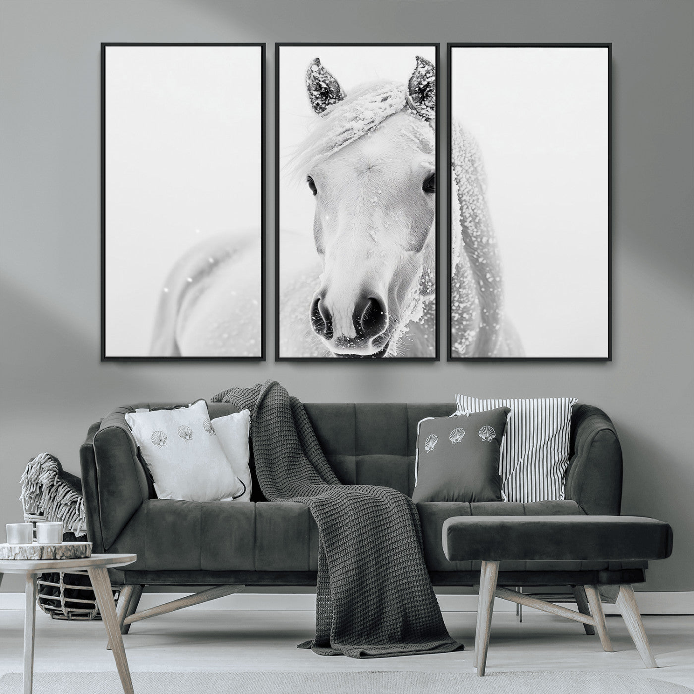 MGV-FC-48X32-3P - Majestic White Horse Wall Art | Ready to Hang and Framed | Farmhouse Wall Decor for Living Room