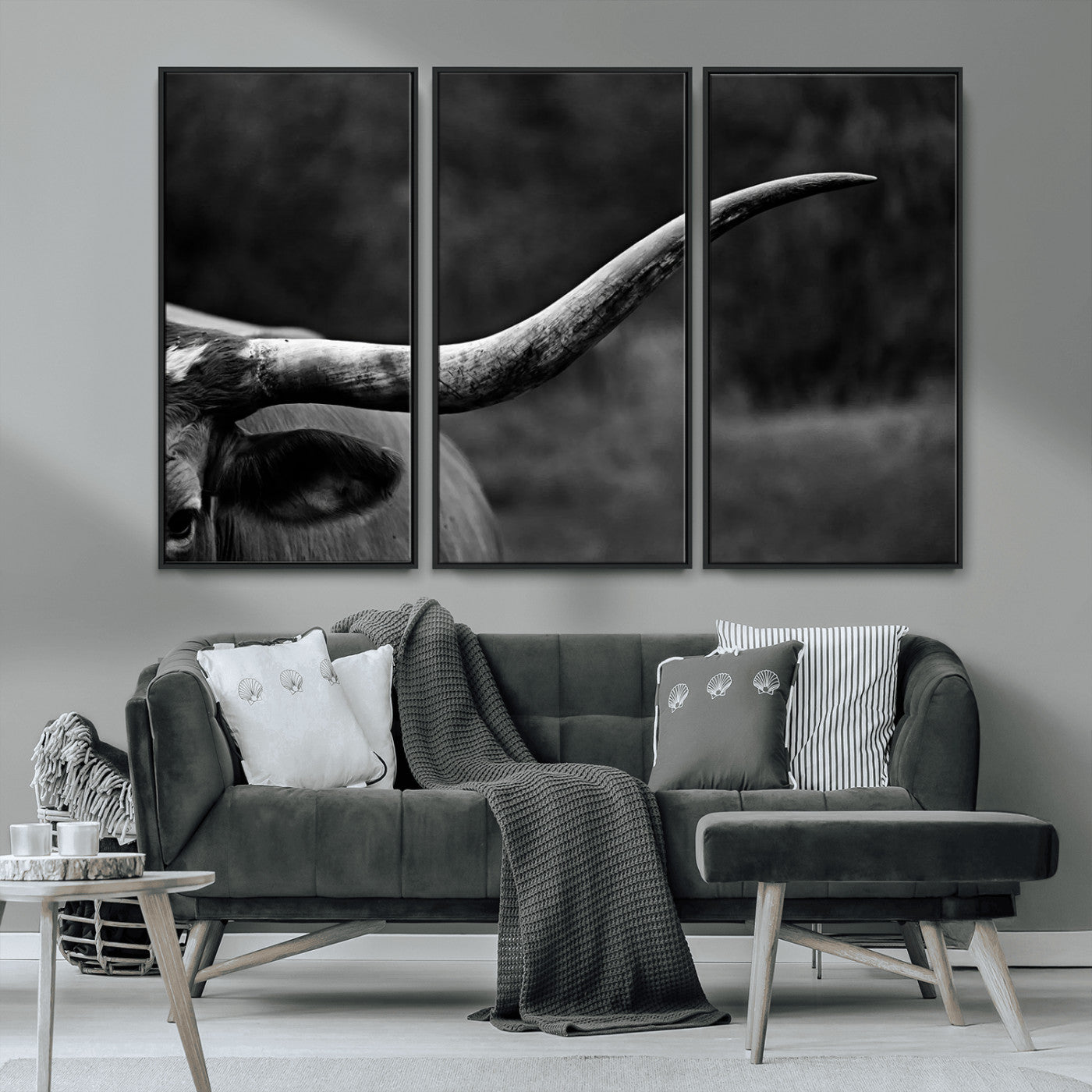 MGV-FC-48X32-3P - Cow Longhorn Wall Art | Black and White Print | Ready to Hang and Framed | Farmhouse Wall Decor |
