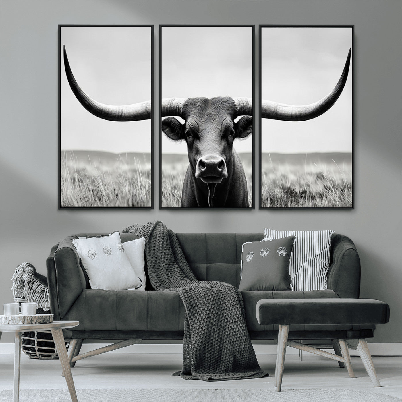 -Longhorn Bull Canvas Print | Rustic Farmhouse Wall Art | Western Decor | Ready to Hang and Framed