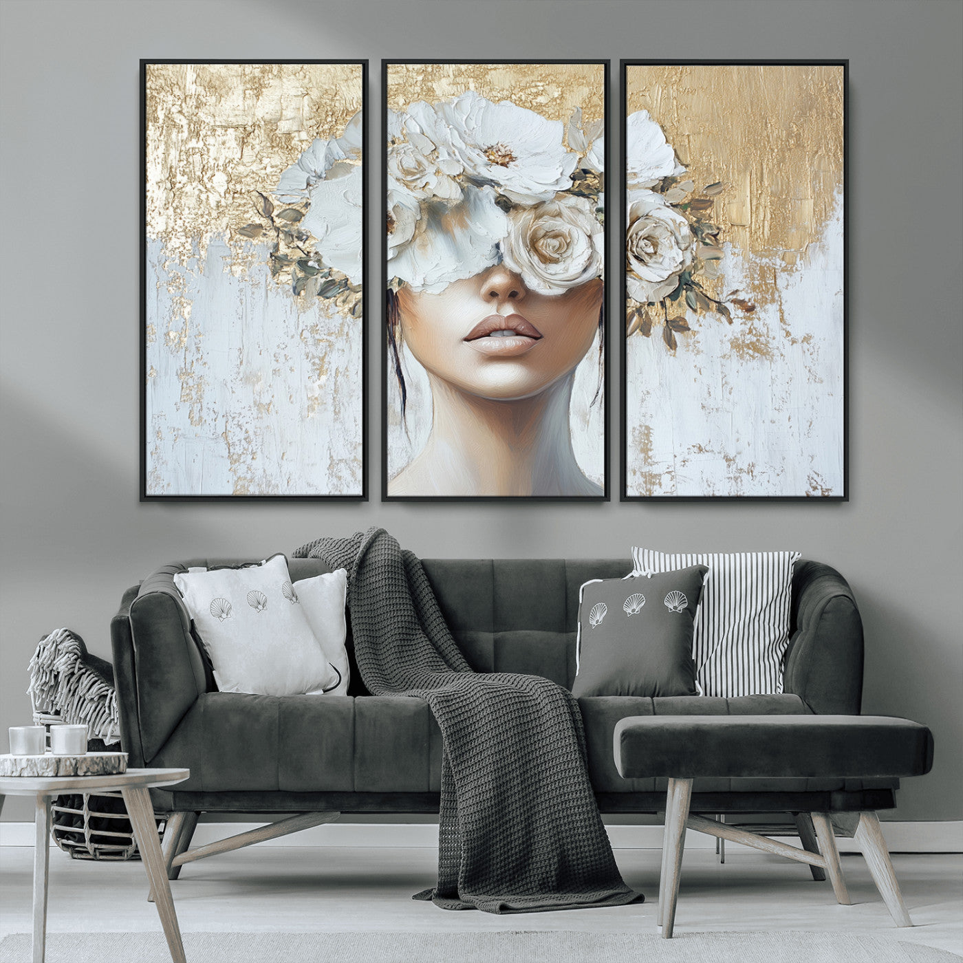 MGV-FC-48X32-3P - Golden Petal Wall Art - Canvas Print Flower Head Woman Painting Floral Woman Portrait Wall Decor,