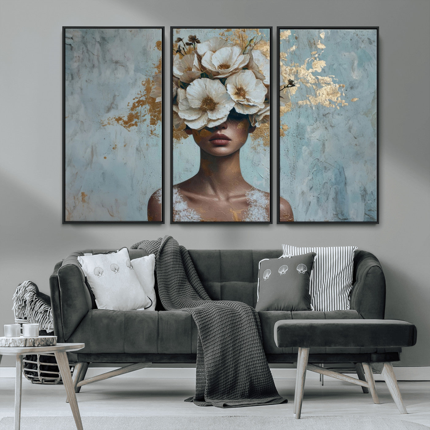 MGV-FC-48X32-3P - Golden Petal Wall Art - Petal Silhouette Woman Wall Art Canvas Print | Large 3-Panel Canvas with