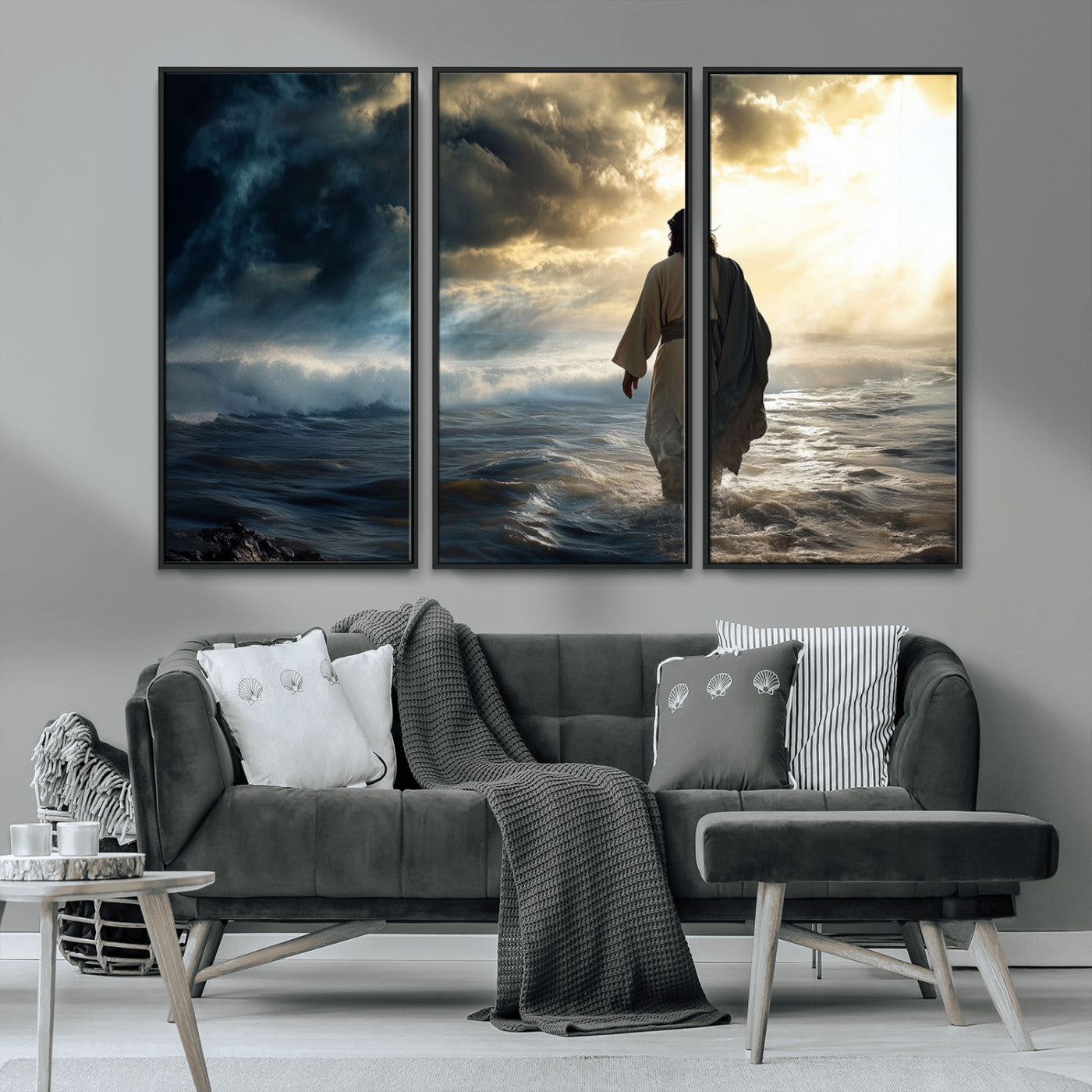 MGV-FC-48X32-3P - Jesus Walking on Water Wall Art | Canvas Print | Ready to Hang | Christian Home Decor | Spiritual
