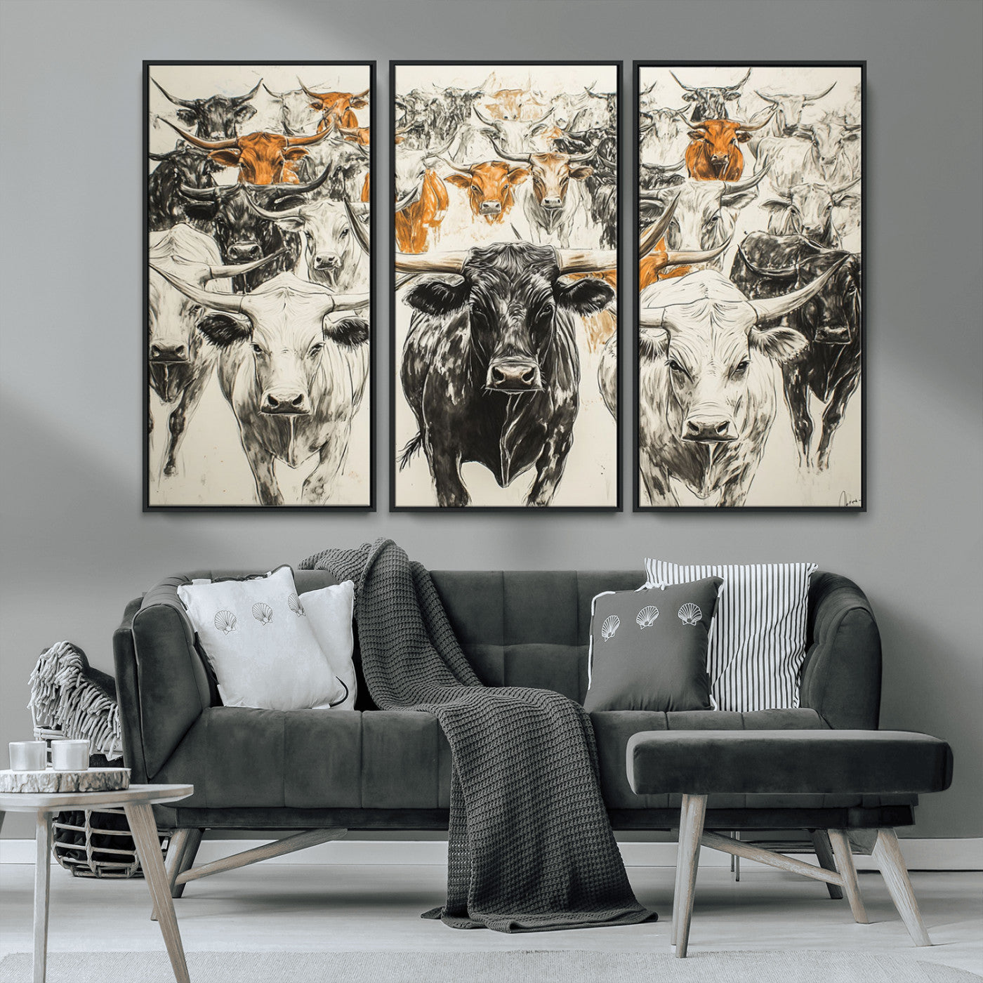 MGV-FC-48X32-3P - Texas Longhorn Wall Art - Herd Canvas Wall Art Print - Abstract Cow Drawing Wall Art Print for