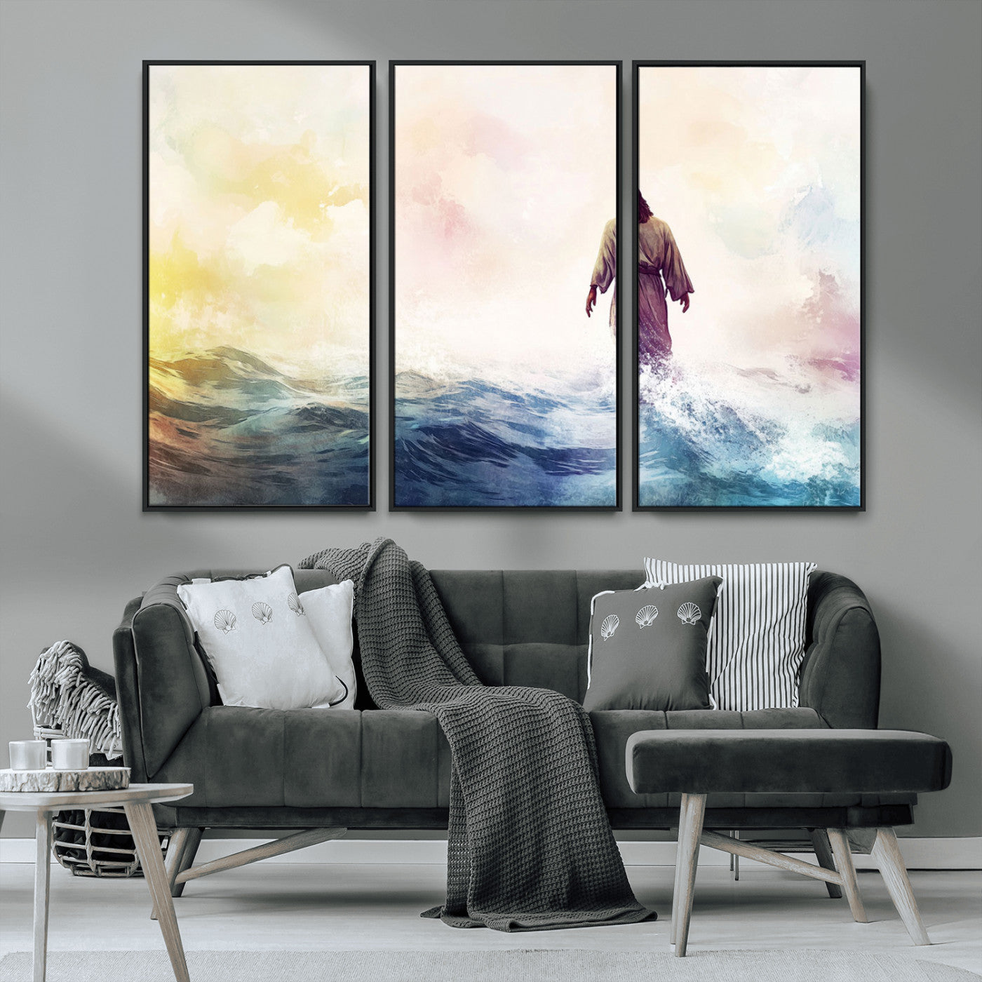 MGV-FC-48X32-3P - Watercolor Jesus Walking on Water Canvas Print, Christian Wall Art, Jesus Christ Walking