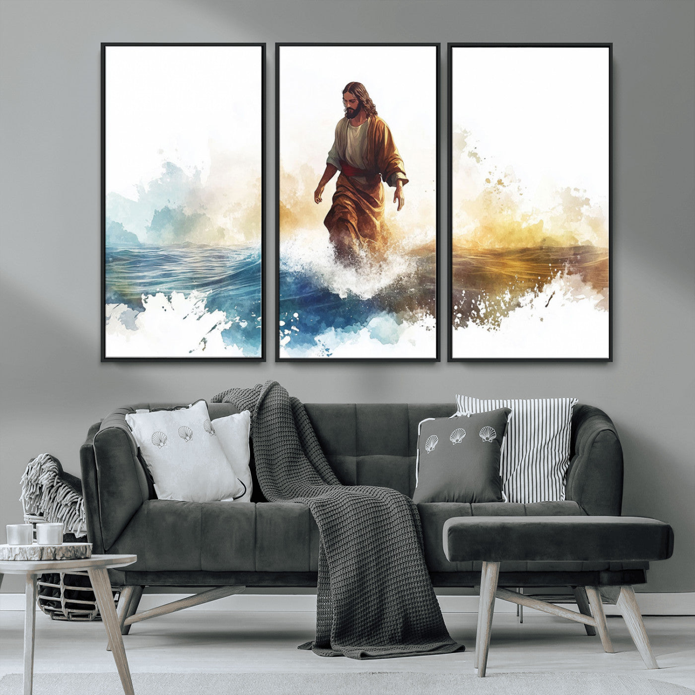 MGV-FC-48X32-3P - Watercolor Jesus Walking Wall Art Print, Jesus Water Canvas Print, Christian Wall Art, Jesus Christ
