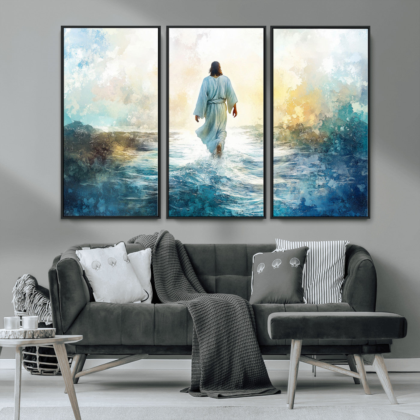 MGV-FC-48X32-3P - Watercolor Jesus Walking on Water Canvas Print, Christian Wall Art, Jesus Christ Walking