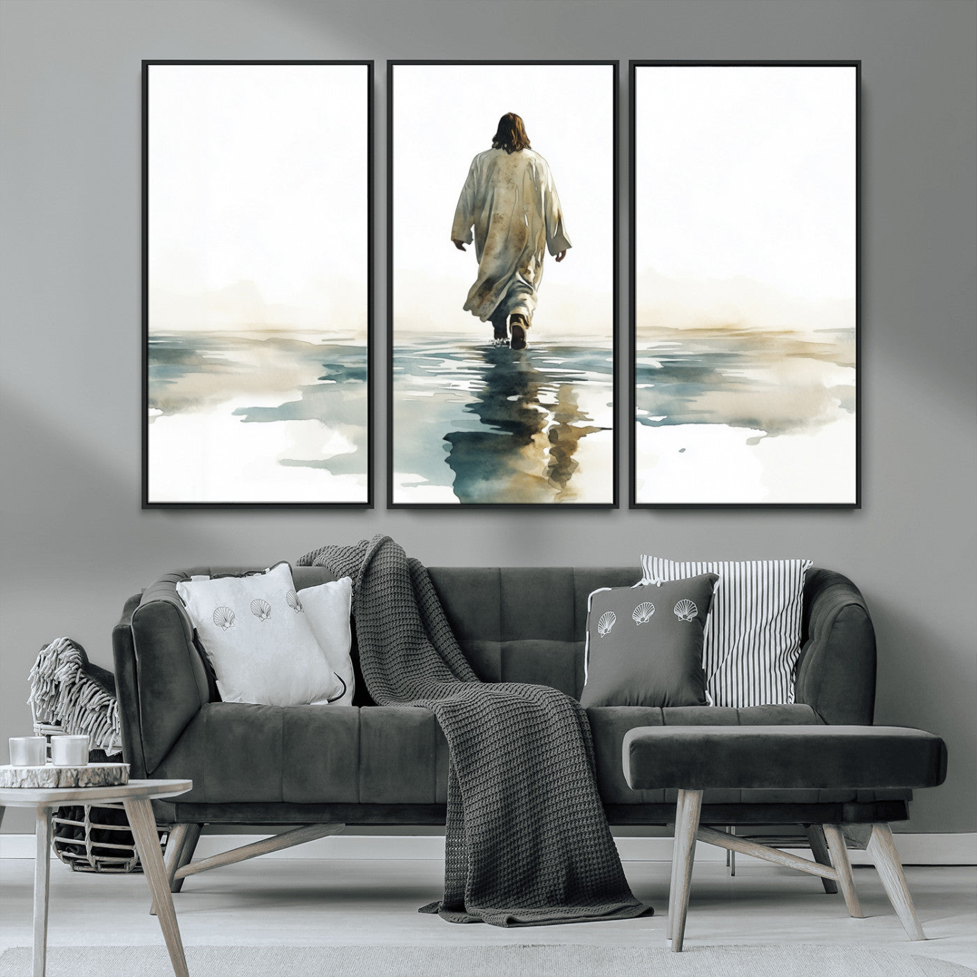 MGV-FC-48X32-3P - Watercolor Jesus Walking on Water Canvas Print, Christian Wall Art, Jesus Christ Walking