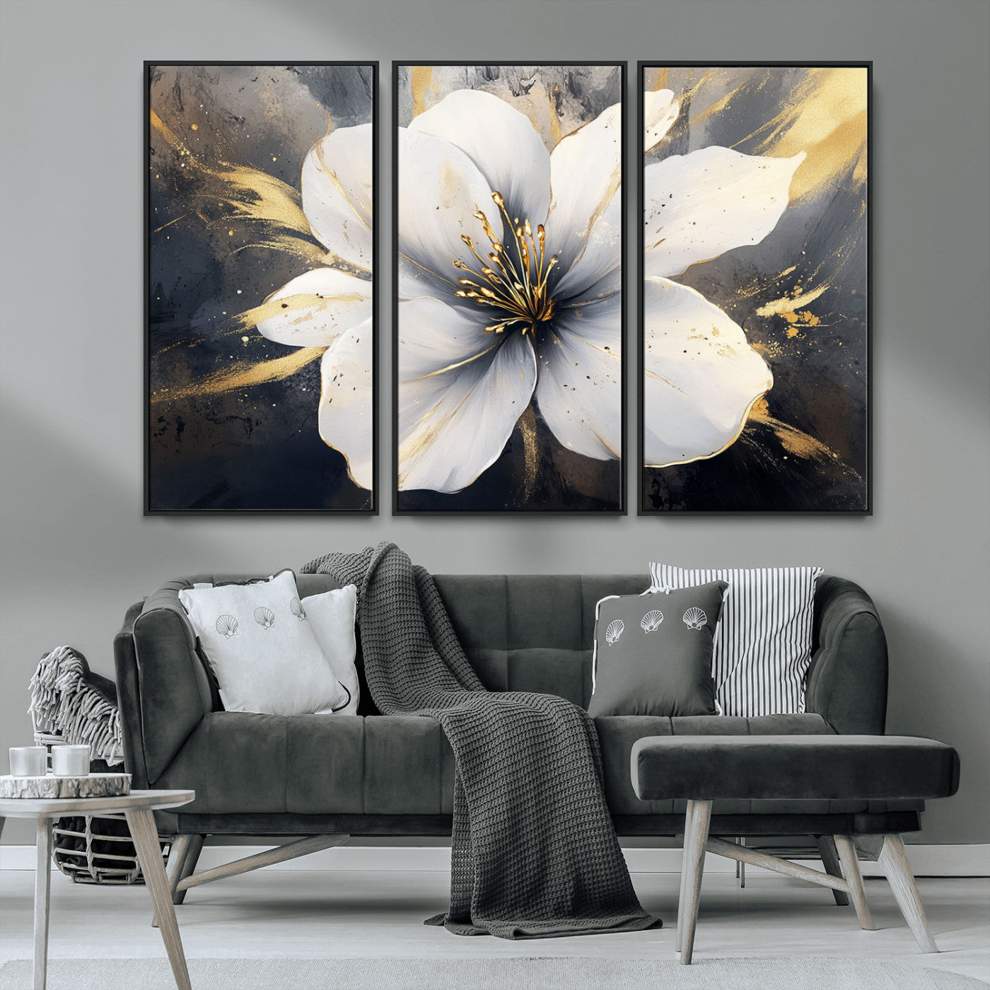 MGV-FC-48X32-3P - White Flower Wall Art Canvas Print | Ready to Hang | Abstract Floral Wall Decor | Elegant Bloom