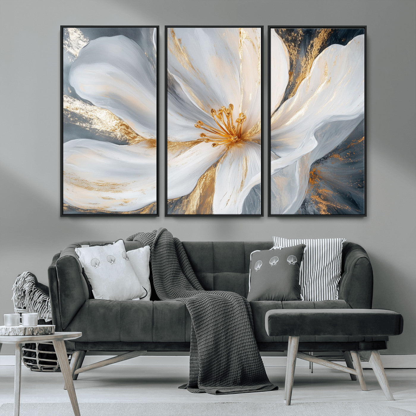 MGV-FC-48X32-3P - White and Gold Floral Canvas Wall Art - Framed and Ready to Hang - Perfect for Modern Living Rooms