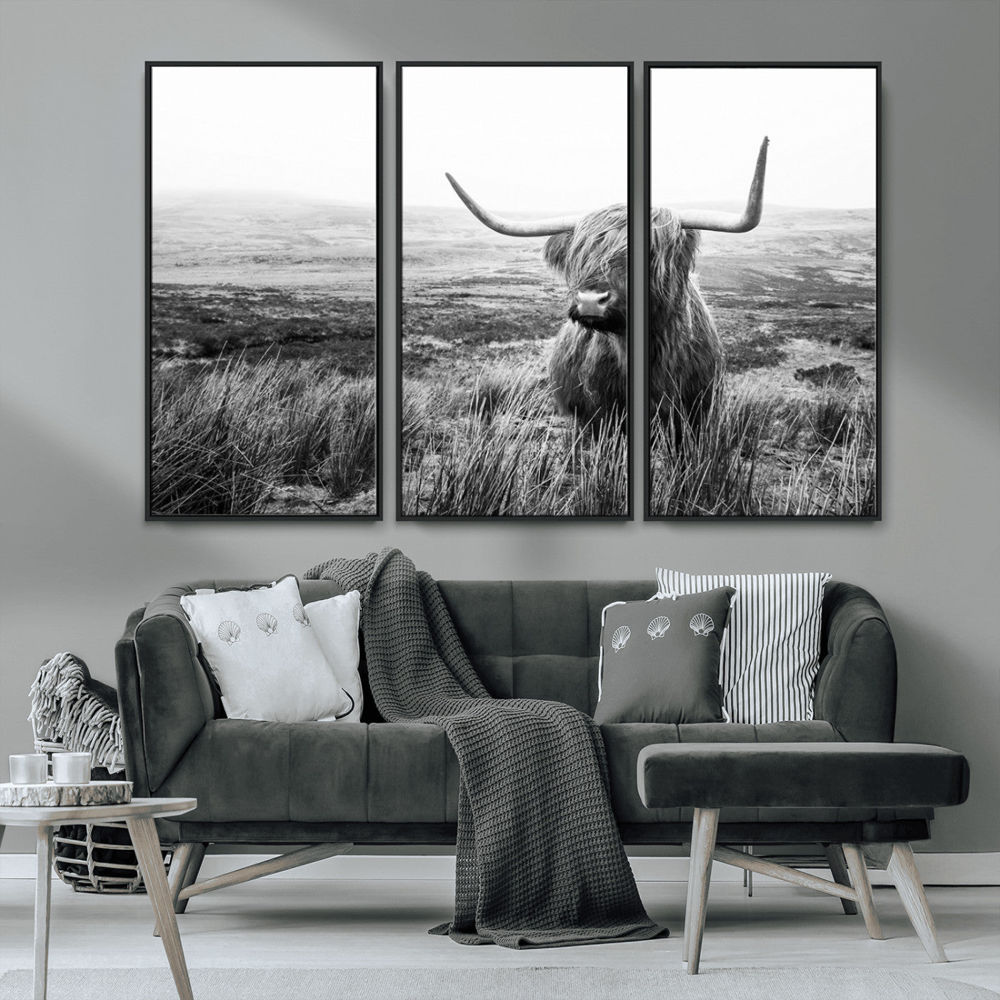 MGV-FC-48X32-3P - Scottish Highland Cow Wall Art | Black and White Canvas Print | Ready to Hang and Framed | Rustic
