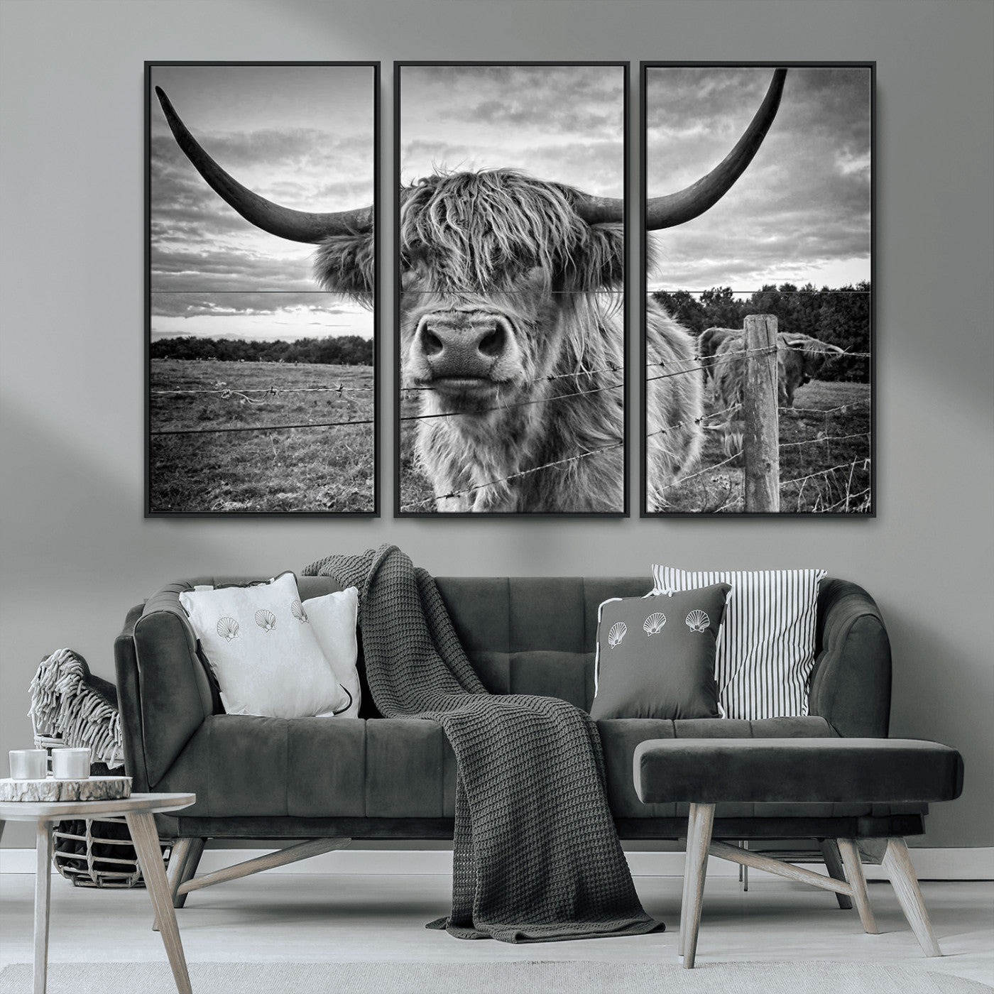 MGV-FC-48X32-3P - Scottish Highland Cow Wall Art Canvas Print | Ready to Hang and Framed | Rustic Farmhouse Decor