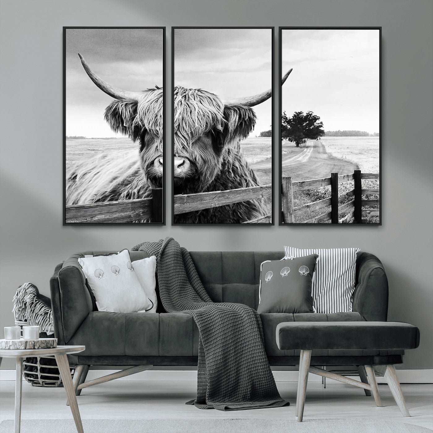 MGV-FC-48X32-3P - Scottish Highland Cow Wall Art | Rustic Farmhouse Décor | Black and White Ready to Hang Canvas Print