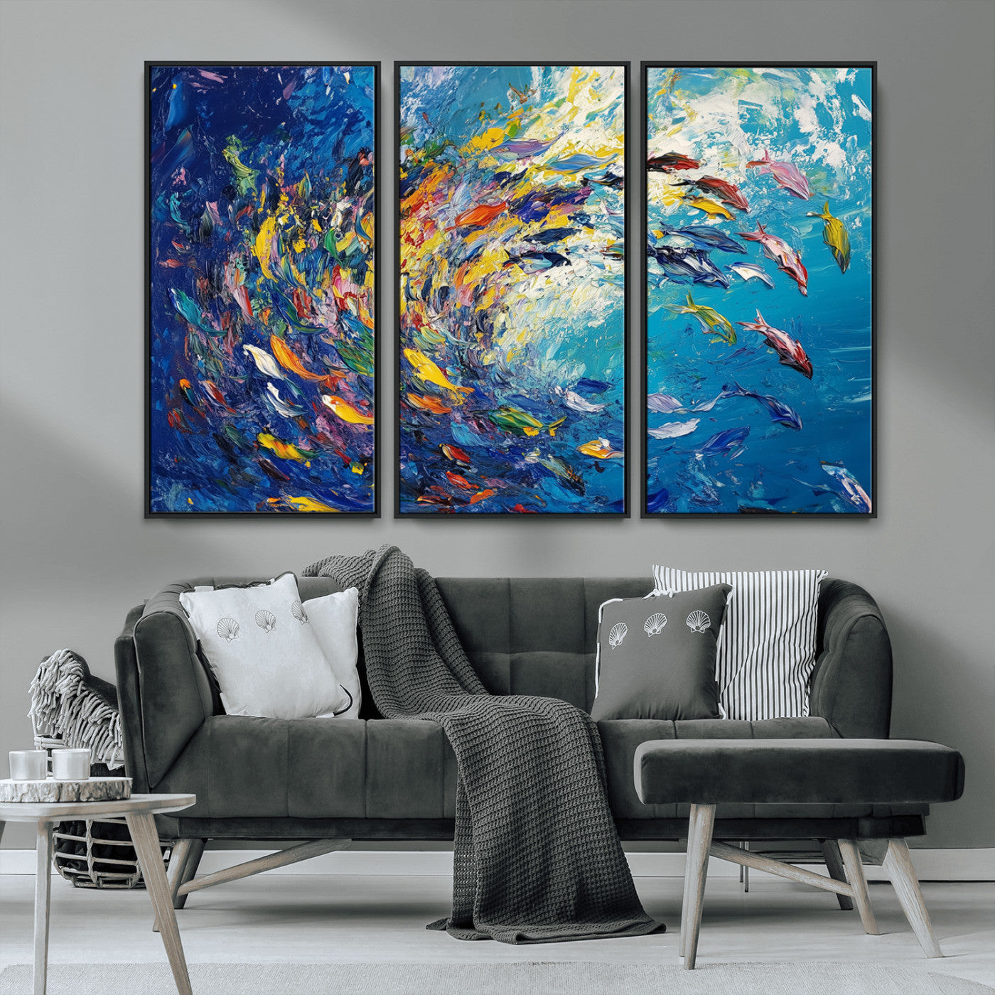 MGV-FC-48X32-3P - Colorful Swirling Fish School Wall Art Canvas Print | Oceanic Abstract Painting | Ready to Hang |