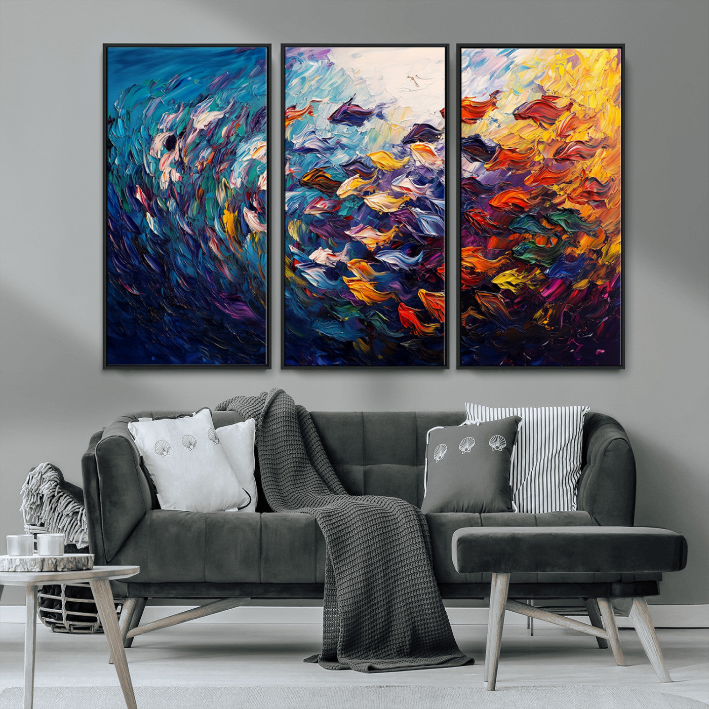 MGV-FC-48X32-3P - Vibrant Abstract Fish Swarm Art – Colorful Fish Inspired 3-Piece Canvas Wall Art for Living Room or