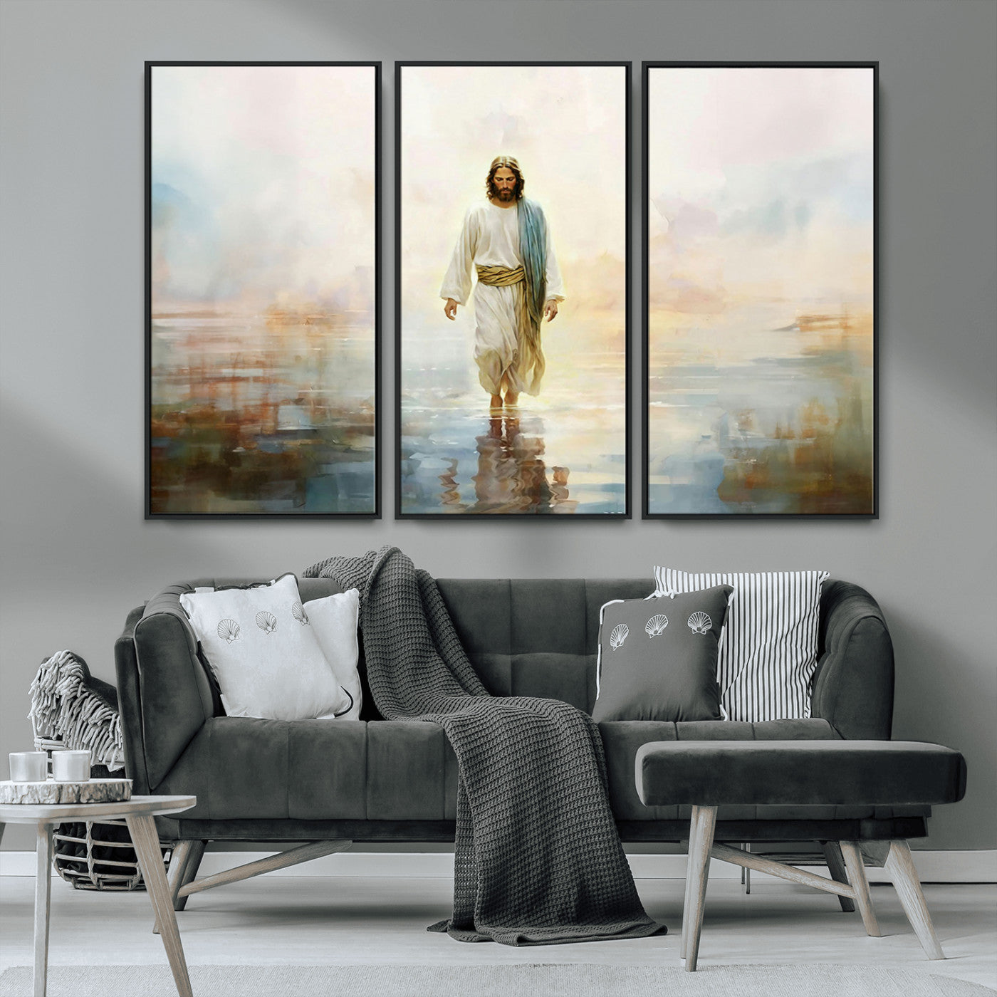 MGV-FC-48X32-3P - Framed Jesus Walking on Water Wall Art - 3-Panel Christian Canvas Prints, Religious Artwork for
