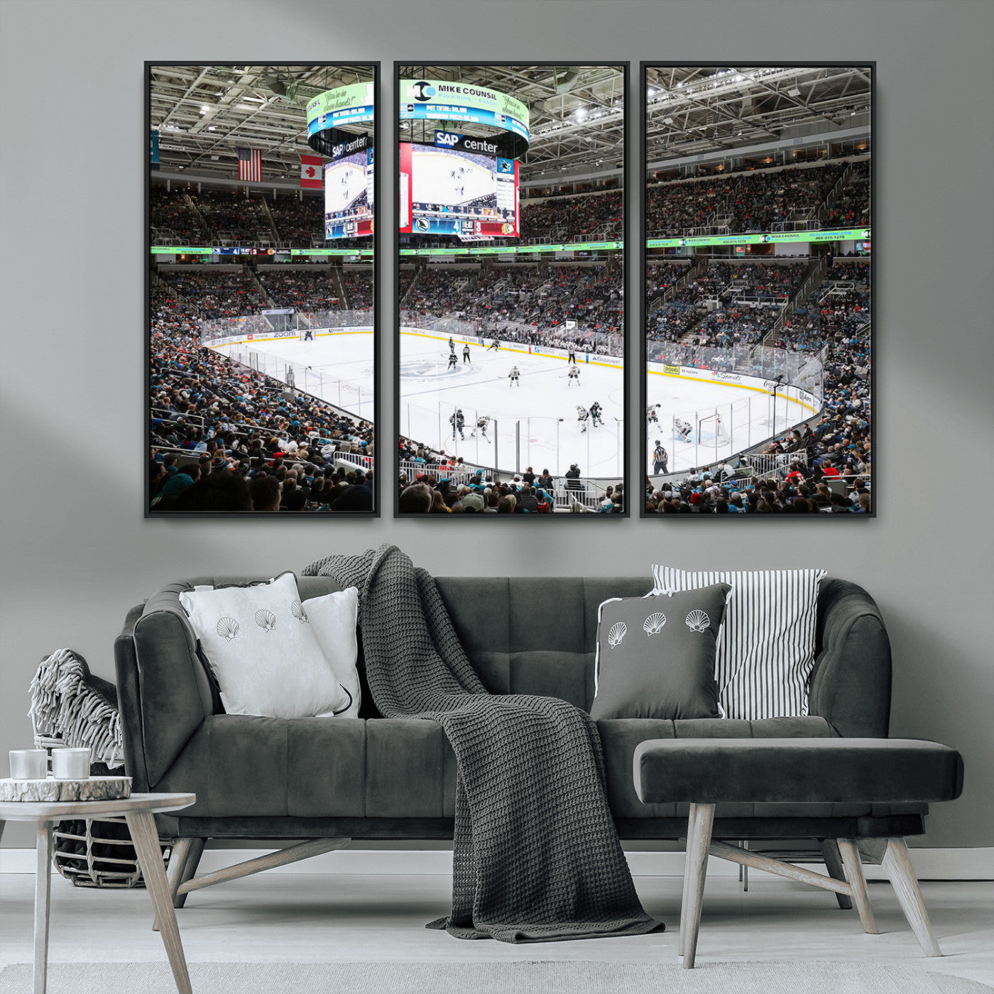MGV-FC-48X32-3P - Sharks Arena Blackhawks Sharks Ice Hockey Stadium Wall Art Canvas Print, Framed Blackhawks Sharks