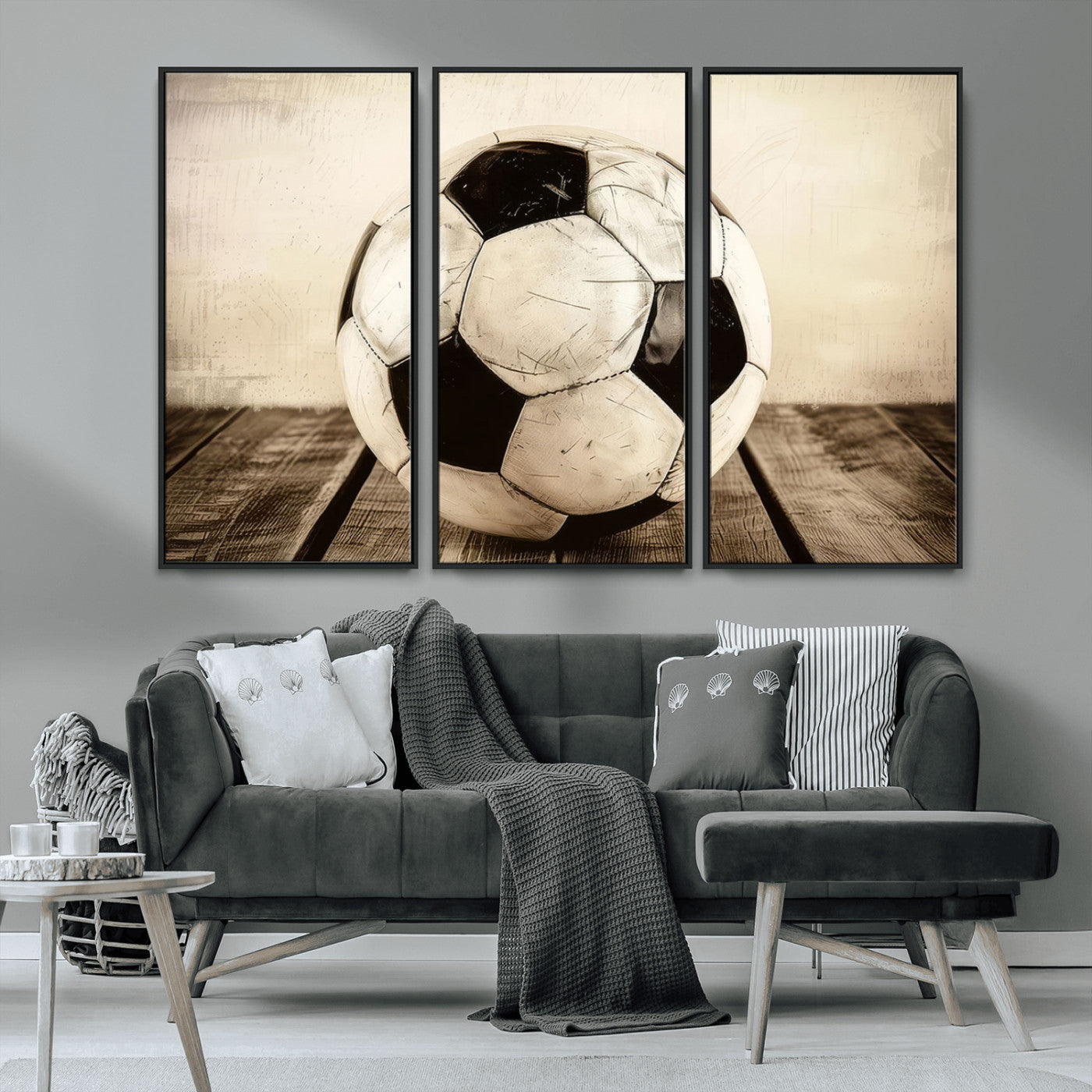 MGV-FC-48X32-3P - Vintage Soccer Ball Wall Decor Canvas Art – 3-Panel Soccer Wall Decor, Framed and Ready to Hang