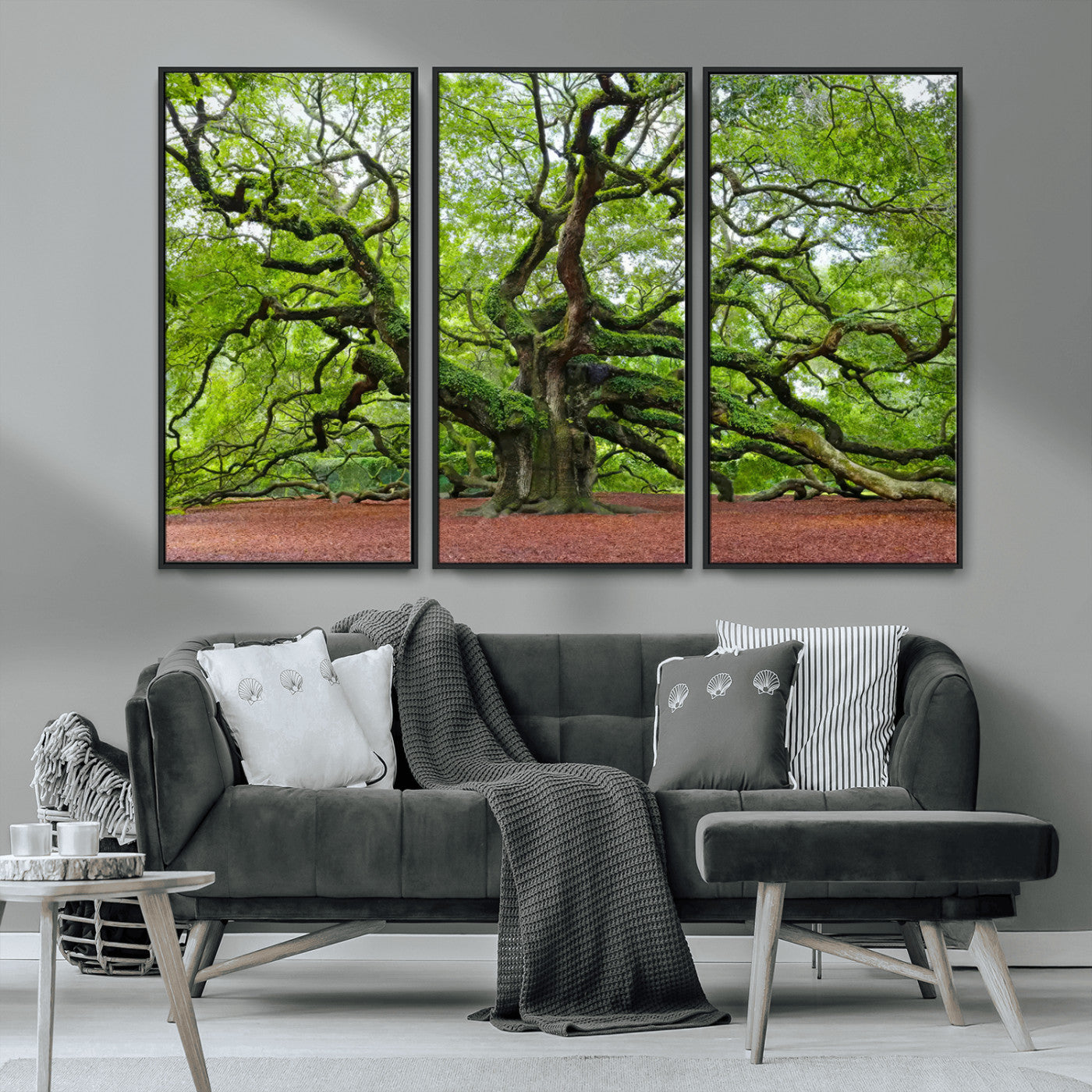 MGV-FC-48X32-3P - Framed Angel Oak Tree Wall Art - 3-Panel Canvas Prints, Large Green Nature Artwork, Ready to Hang