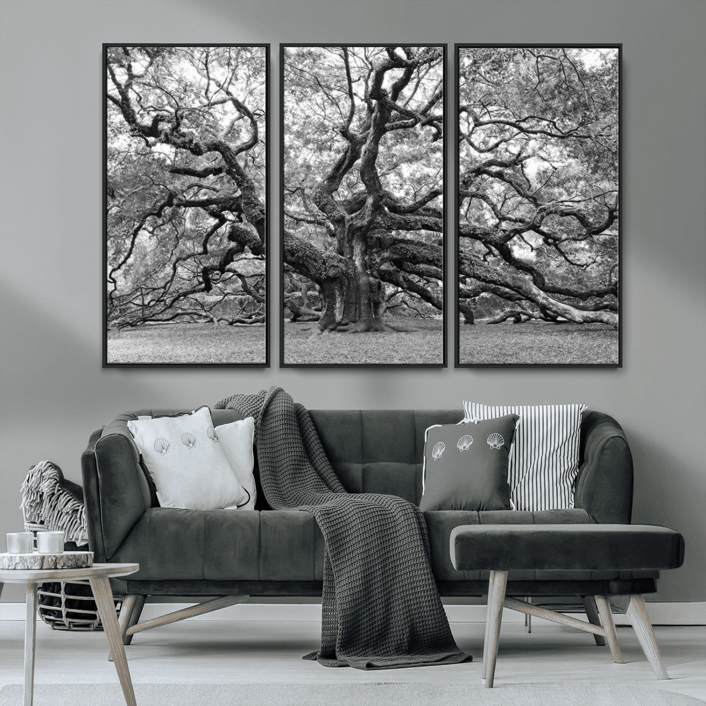 MGV-FC-48X32-3P - Black White Angel Oak Tree Wall Art - Timeless Nature-Inspired Canvas for Rustic, Modern, or