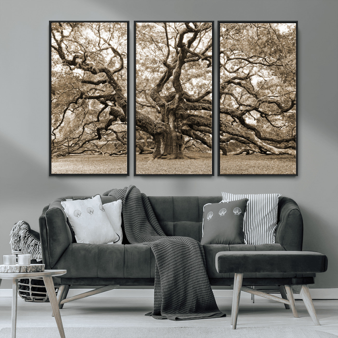 51126-MGV-CV-36X24-Sepia Framed Angel Oak Tree Wall Art - 3-Panel Canvas Prints, Large Green Nature Artwork, Ready to