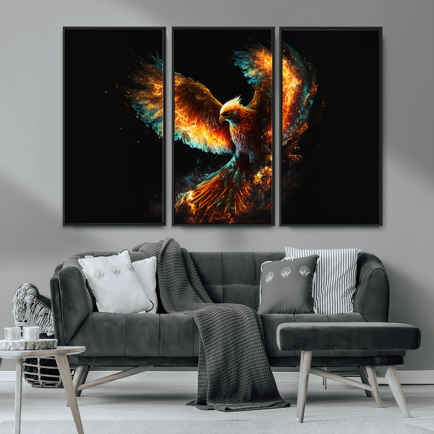 MGV-FC-48X32-3P - Fiery Phoenix Canvas Print | Ready to Hang Wall Art | Bold Fantasy Decor for Living Room | Majestic