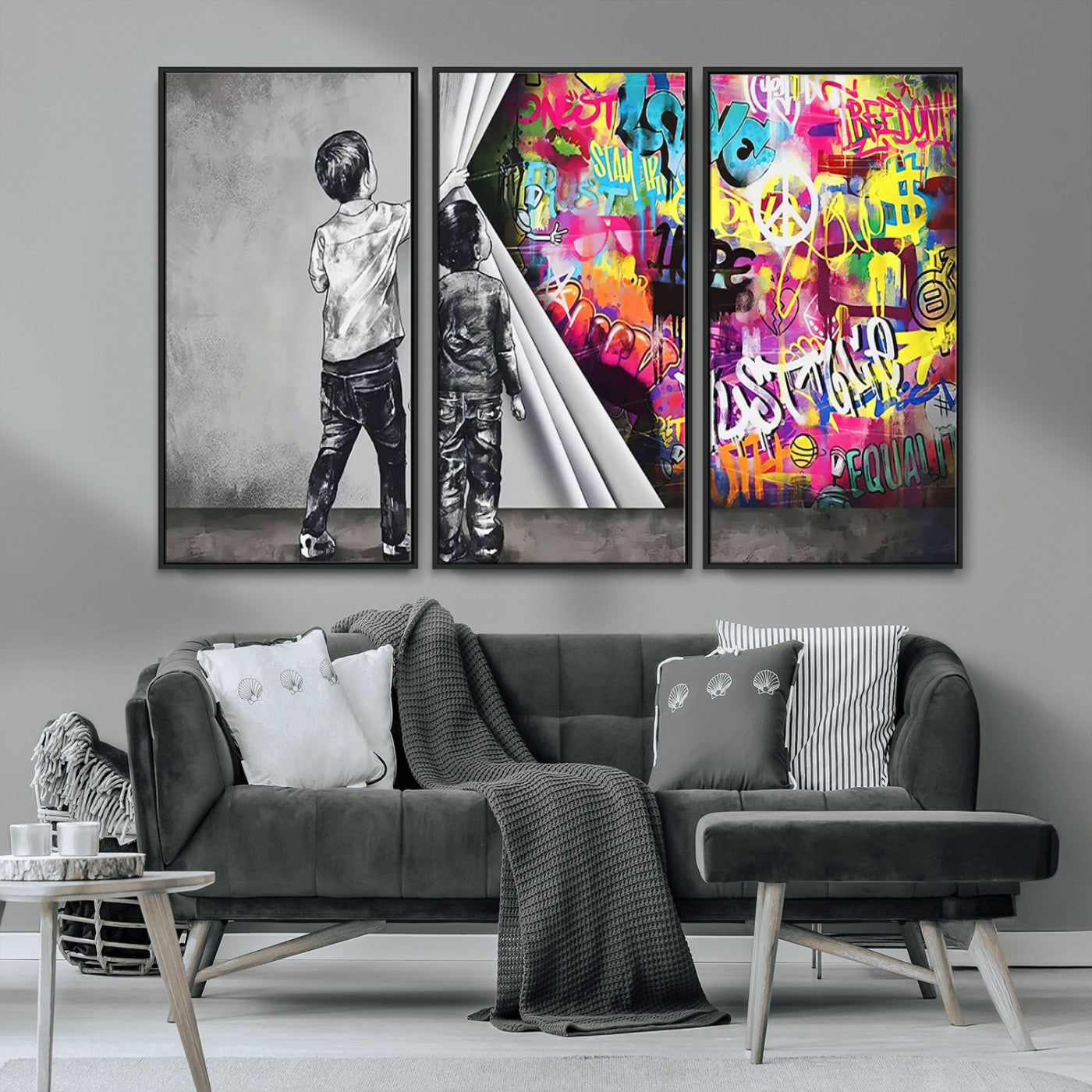 MGV-FC-48X32-3P - Banksy Print - Street Art Canvas Wall Art - Kids Revealing Graffiti, Urban Modern Decor for Living