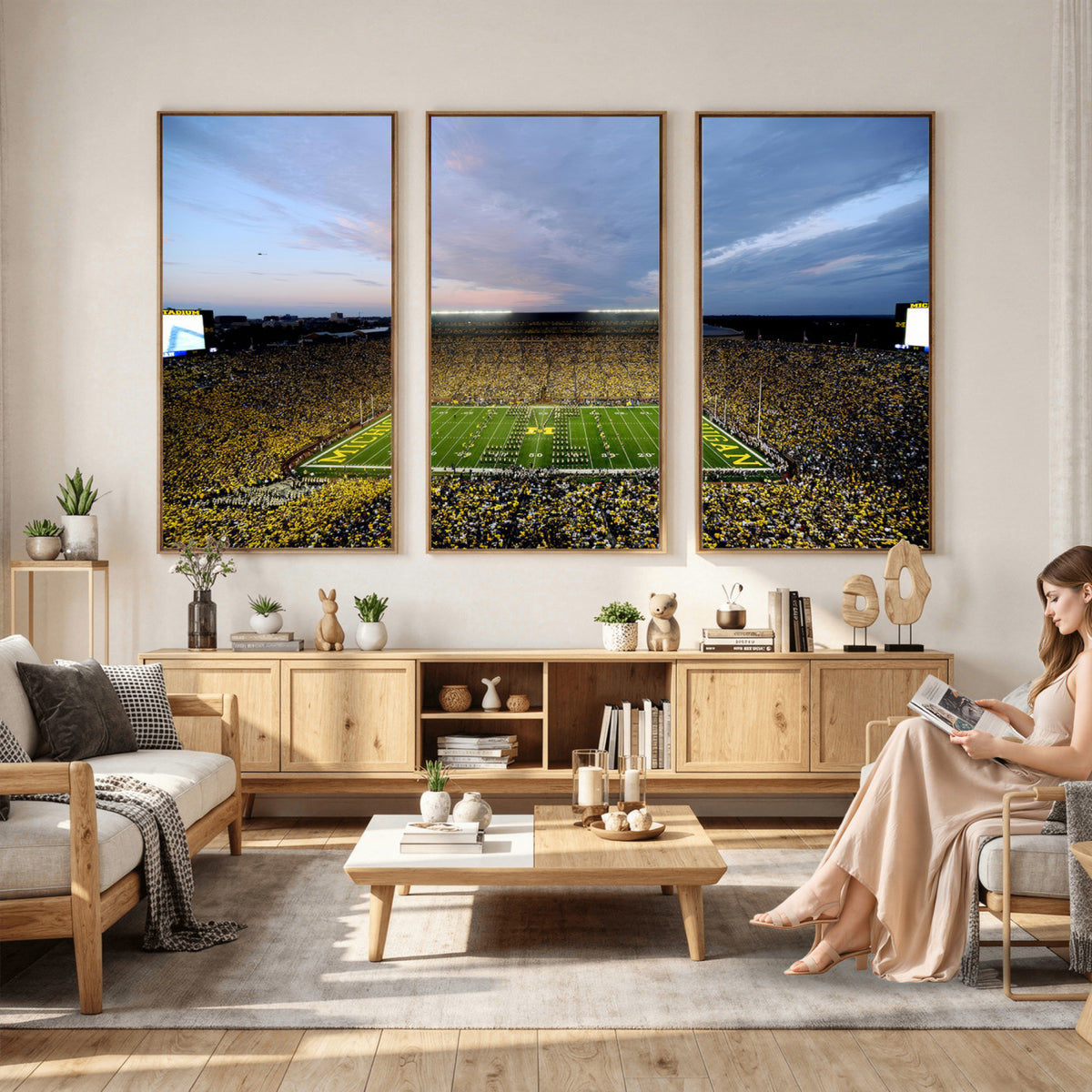 82641-MGV-CV-36X24 - Michigan Stadium Wall Art Canvas Print – Framed Football Field Scene with Marching Band Artwork for Home, Office