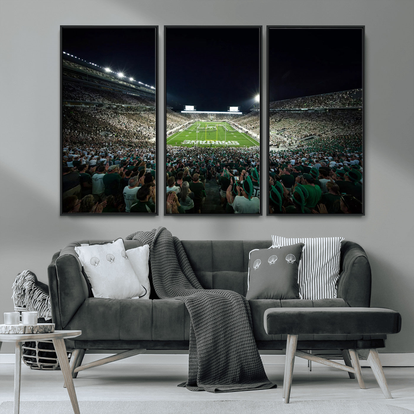 MGV-FC-48X32-3P - Framed Michigan State Spartans Football Team Print - East Lansing Spartan Stadium Wall Art Canvas