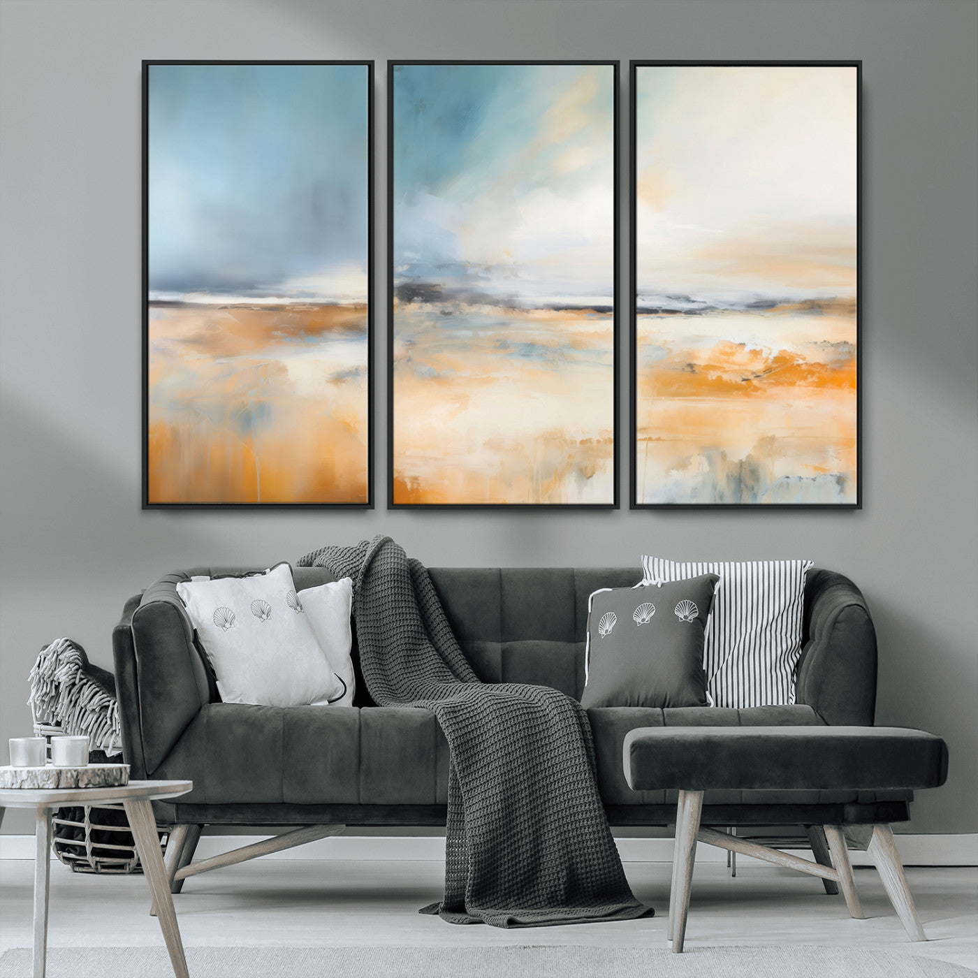 -Abstract Landscape Wall Art Canvas Print - Warm Tones of Orange and Blue, Modern Framed Art for Home