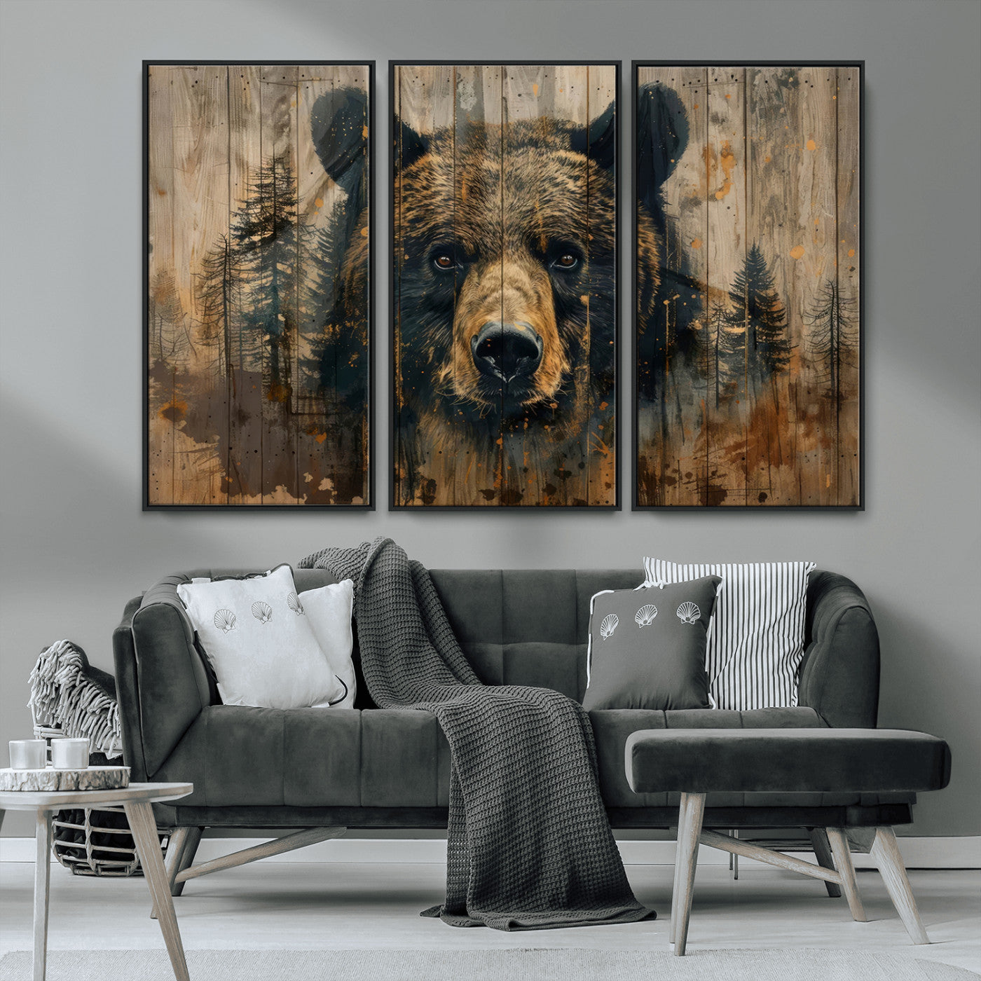 MGV-FC-48X32-3P - Abstract 399 Bear Wall Art | Rustic Cabin Wall Decor with Forest Design | Framed and Ready to Hang |