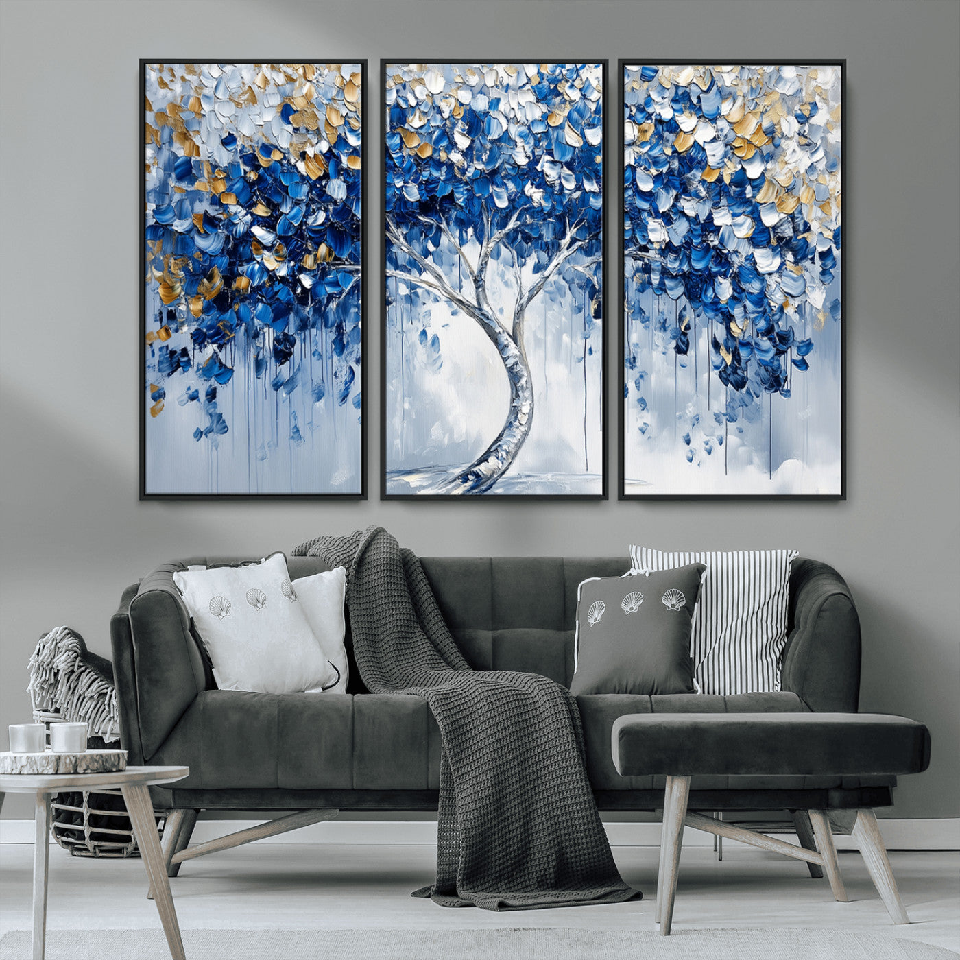 MGV-FC-48X32-3P - Blue and Gold Abstract Tree Wall Art Canvas Print | Modern Tree of Life Painting | Framed Canvas