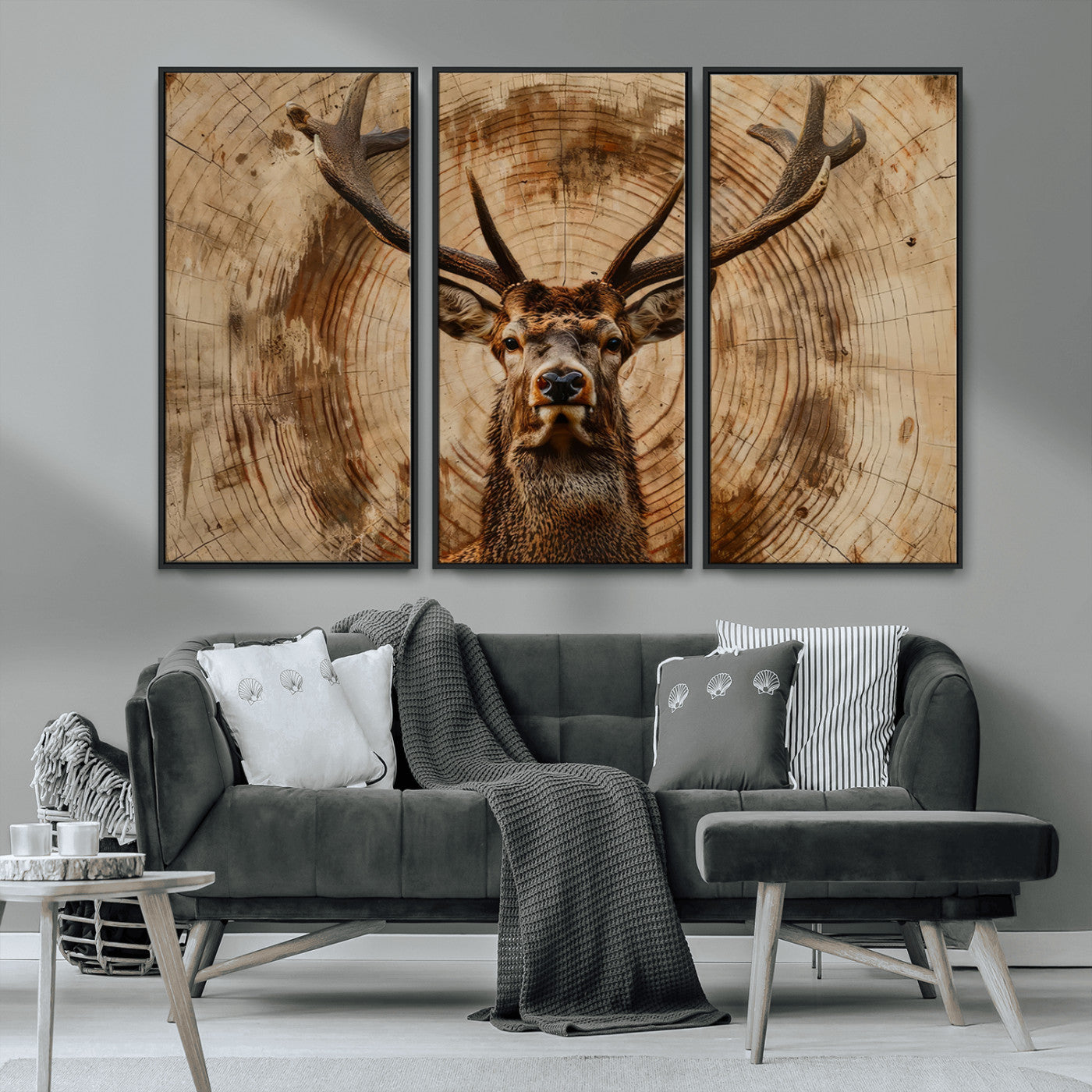 MGV-FC-48X32-3P - Wood Abstract Deer Wall Art | Rustic Wildlife Canvas Print | Ready to Hang Stag Head Triptych for